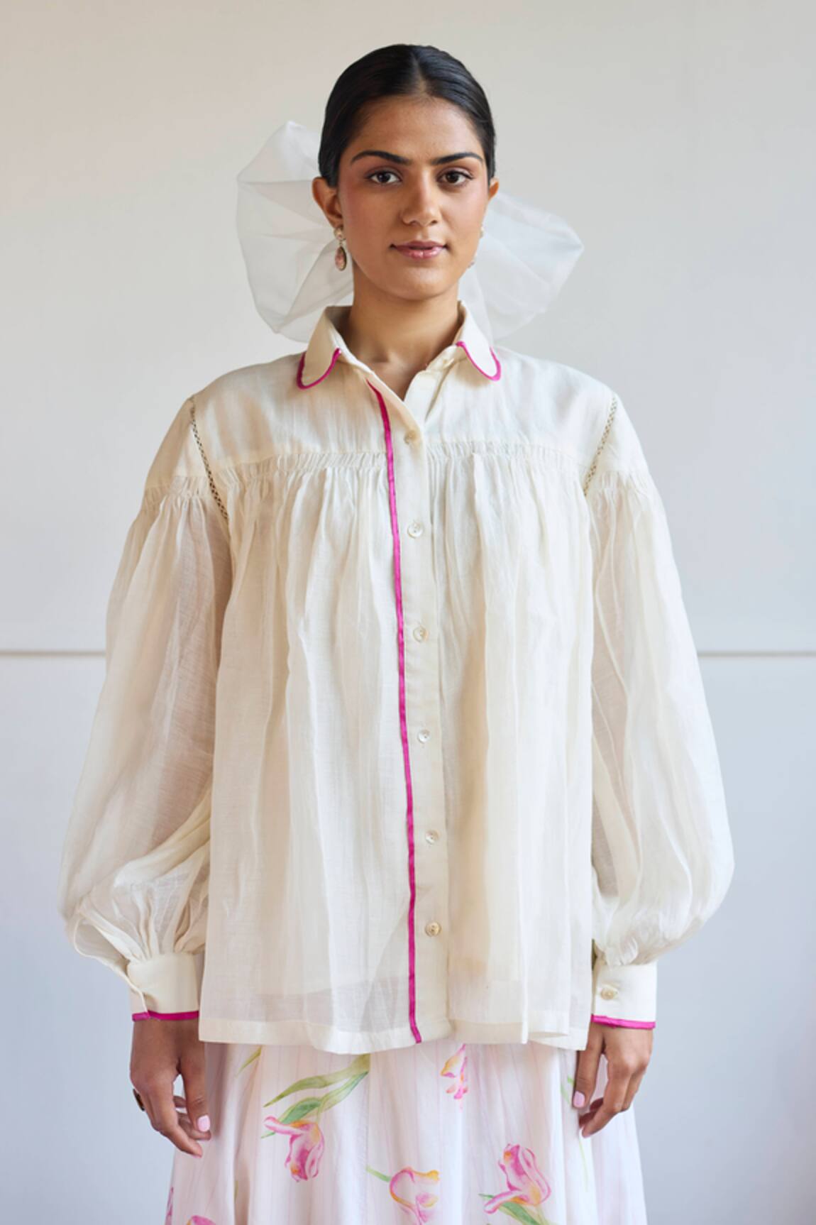 Juanita By Shubhda Ivory Smocked Detail Balloon Sleeve Shirt