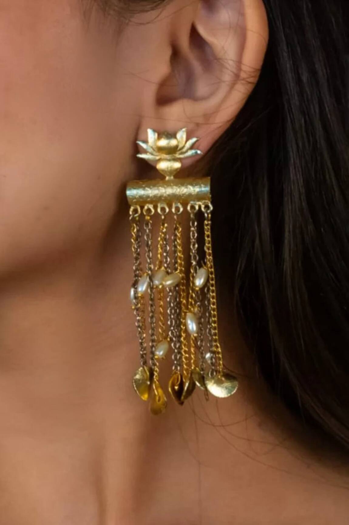 Hetal Shah Gold Lotus Chain Earrings