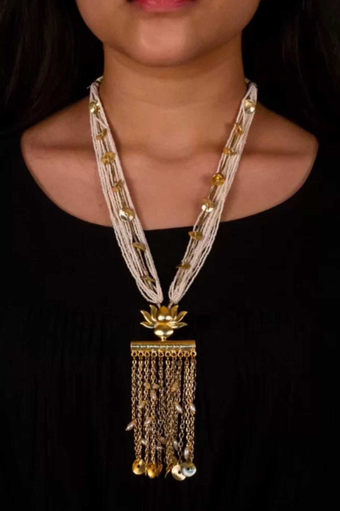 Hetal Shah Gold Pearl Lotus Chain Necklace