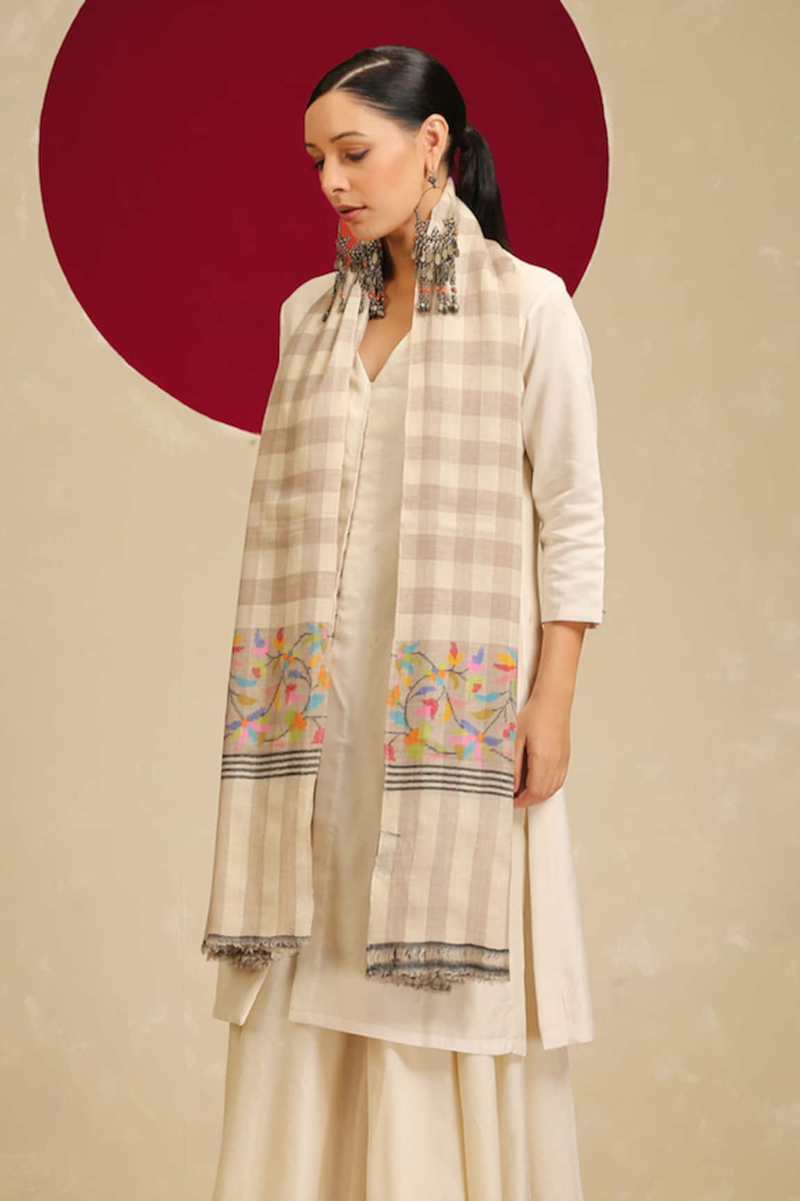 SHAZA Cream Handloom Floral Motif Shawl