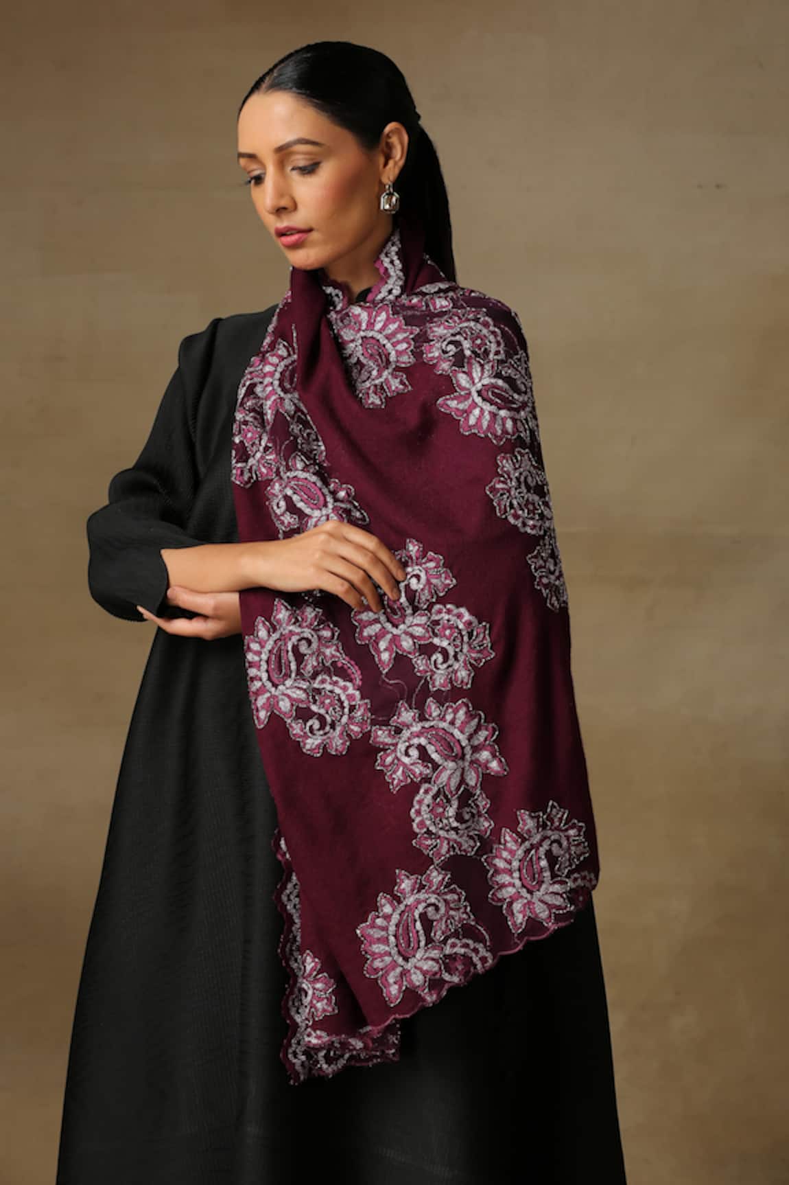 SHAZA French Lace Hand Embellished Wine Stole 
