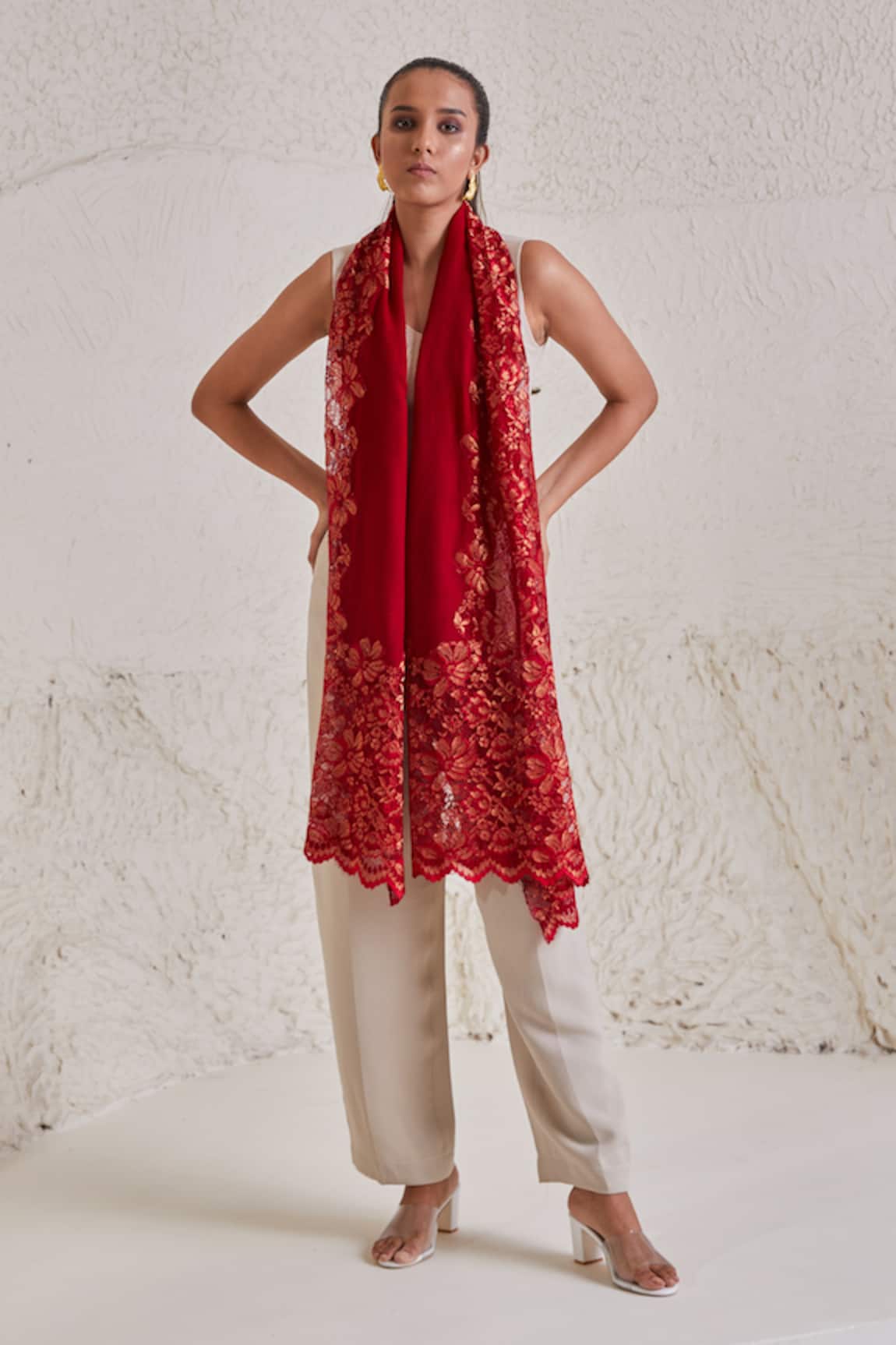 SHAZA Floral Chantilly Lace Red Stole 