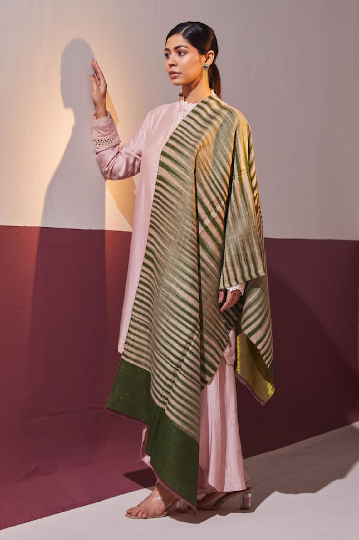 SHAZA Seaweed Green Ikkat Stripe Stole