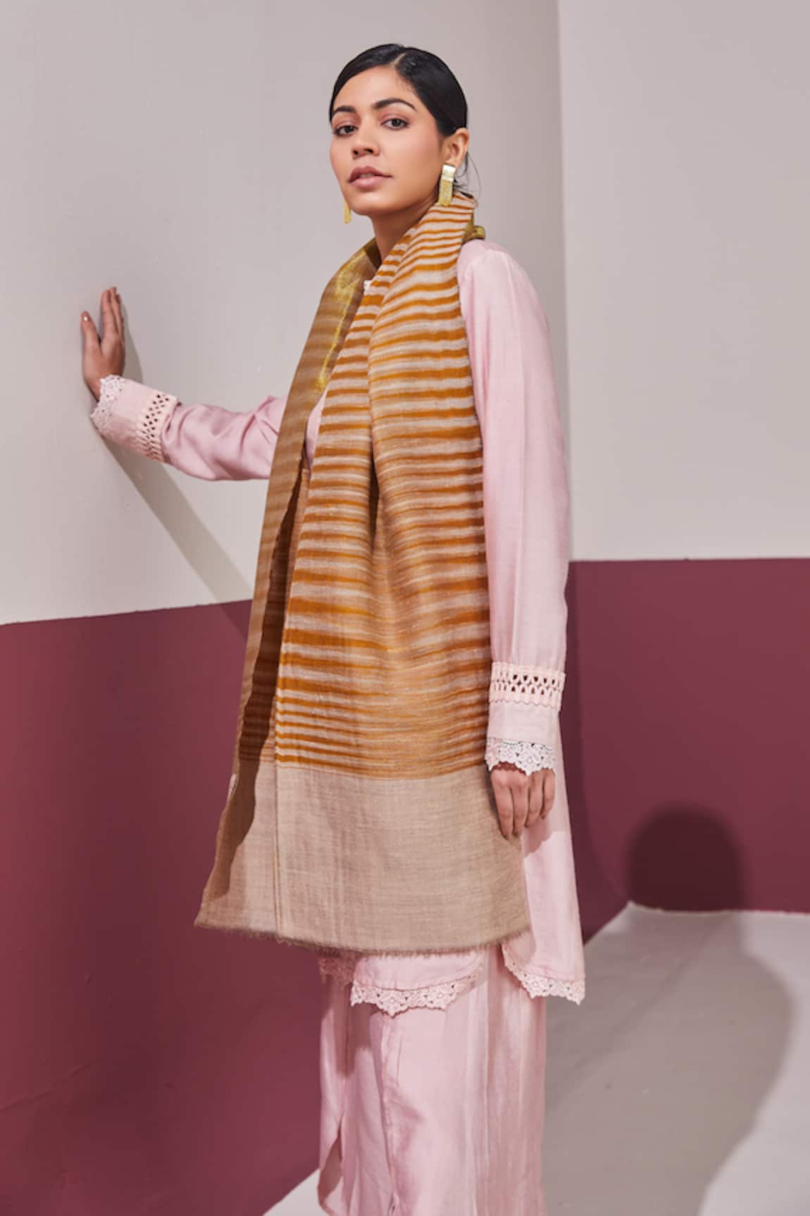 SHAZA Ochre Yellow Ikkat Reversible Stole