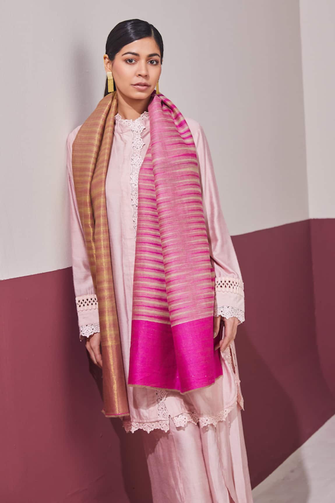 SHAZA Fuchsia Pink Ikkat Reversible Stole