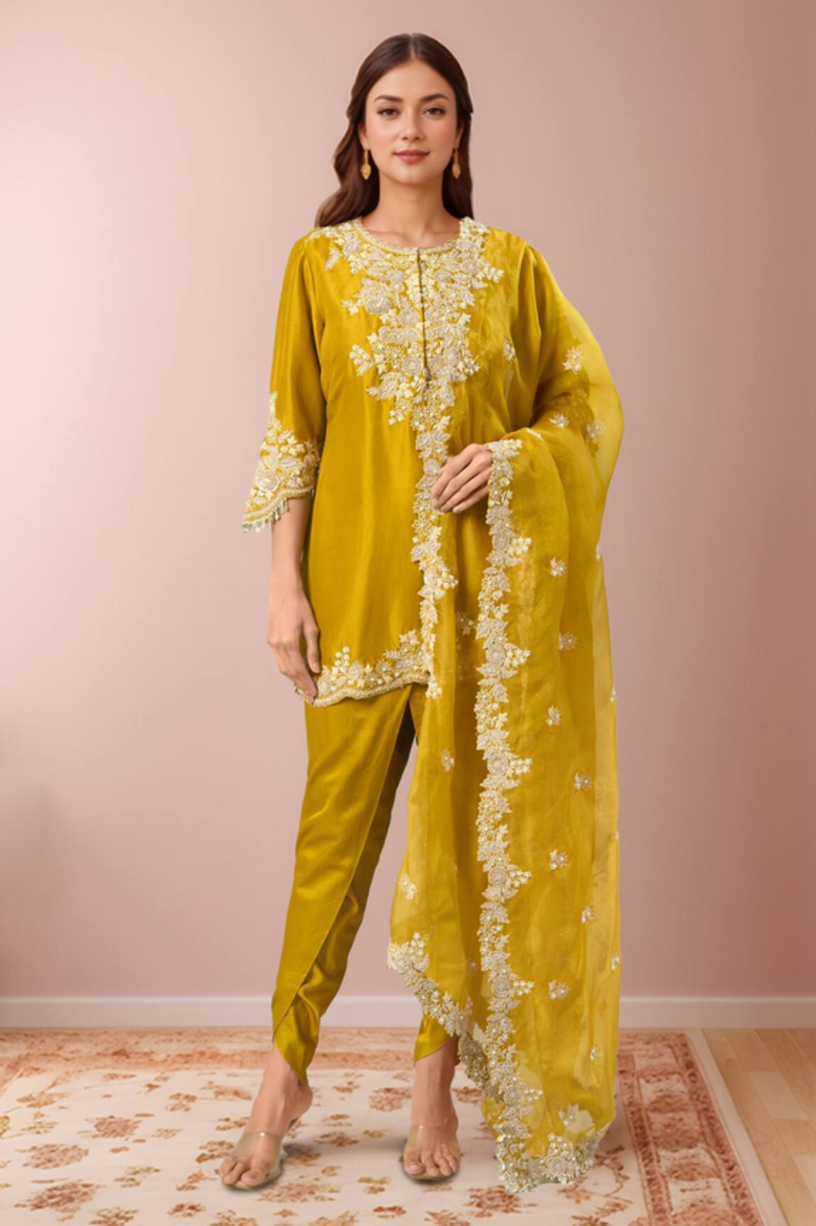 Prisho Mustard Resham Embroidered Kurta Set