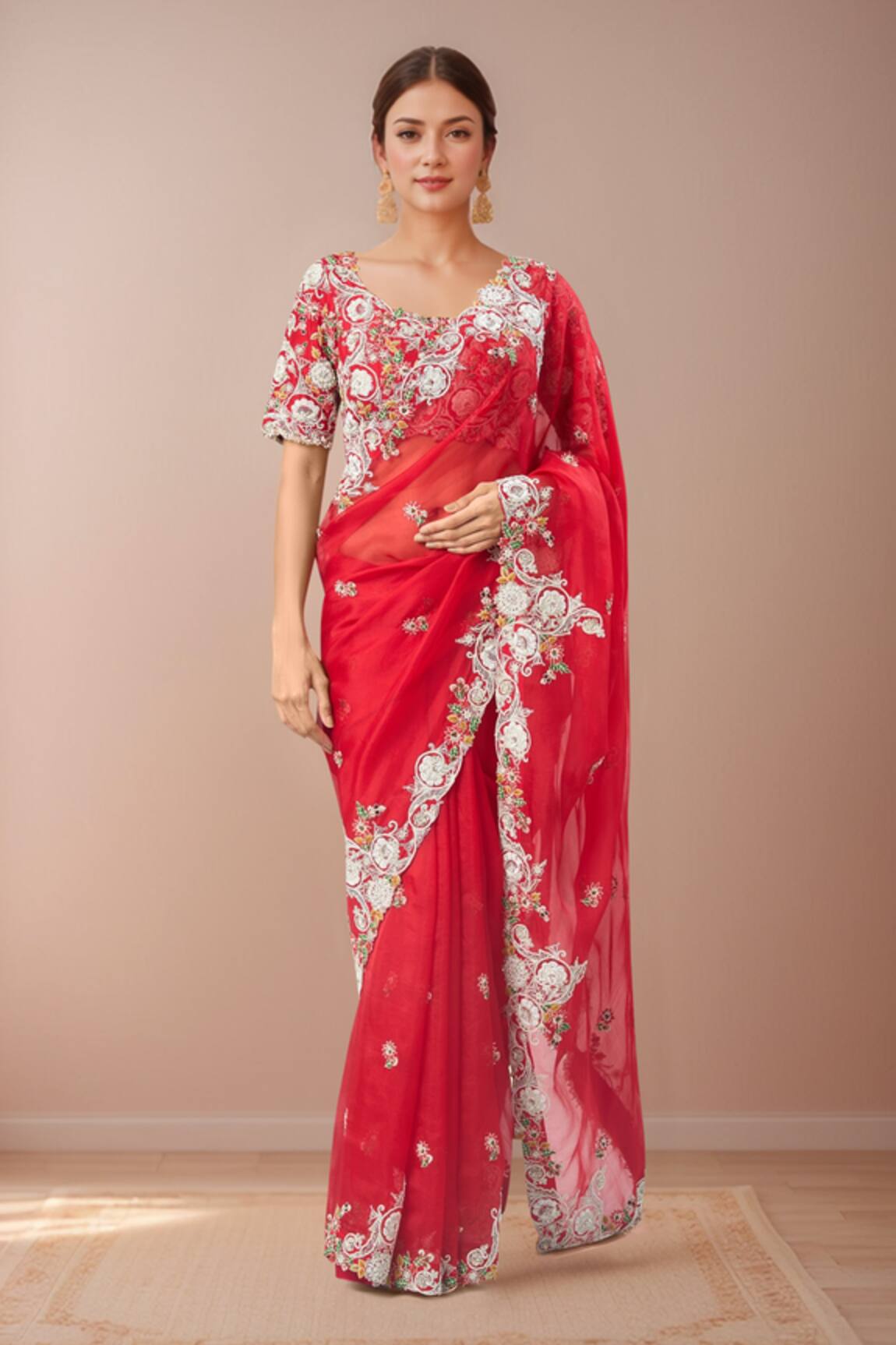 Prisho Floral Embroidered Red Saree Set