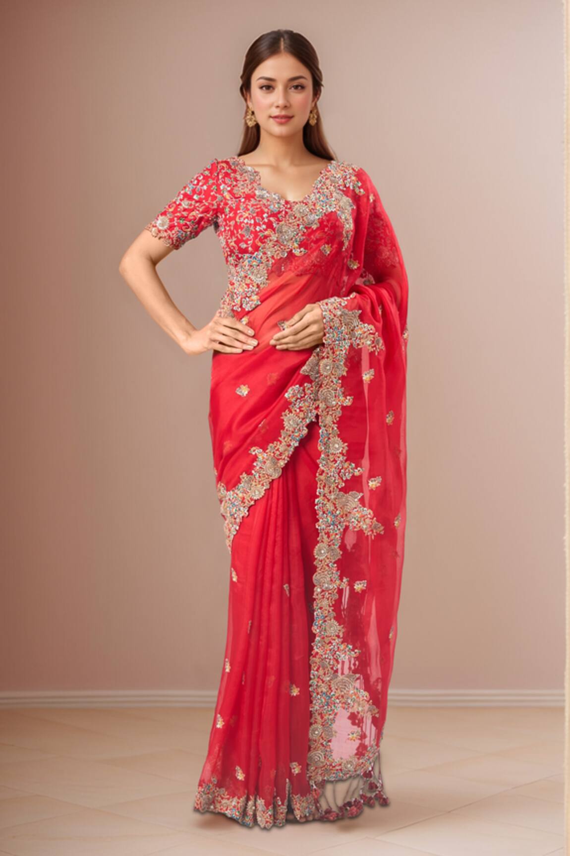 Prisho Embroidered Red Saree With Blouse