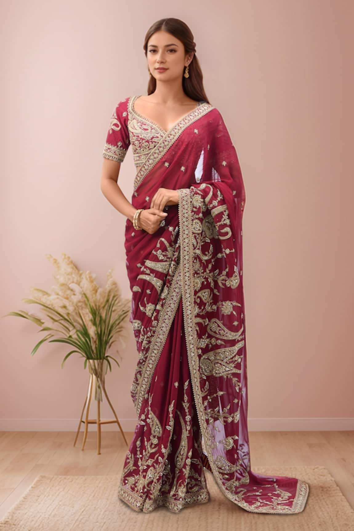 Torani Paisley Embroidered Red Saree Set 