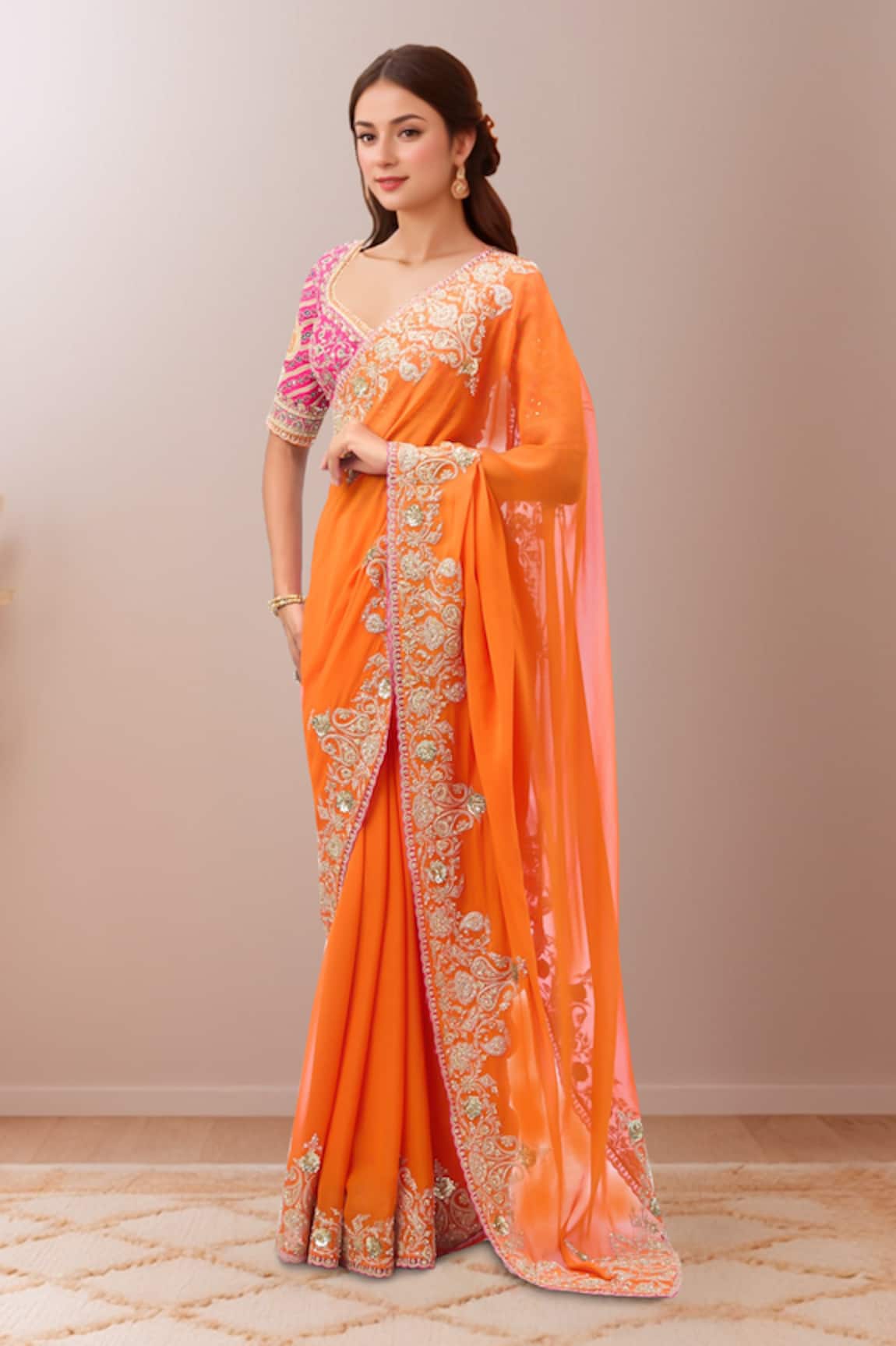Torani Paisley Embroidered Orange Saree Set