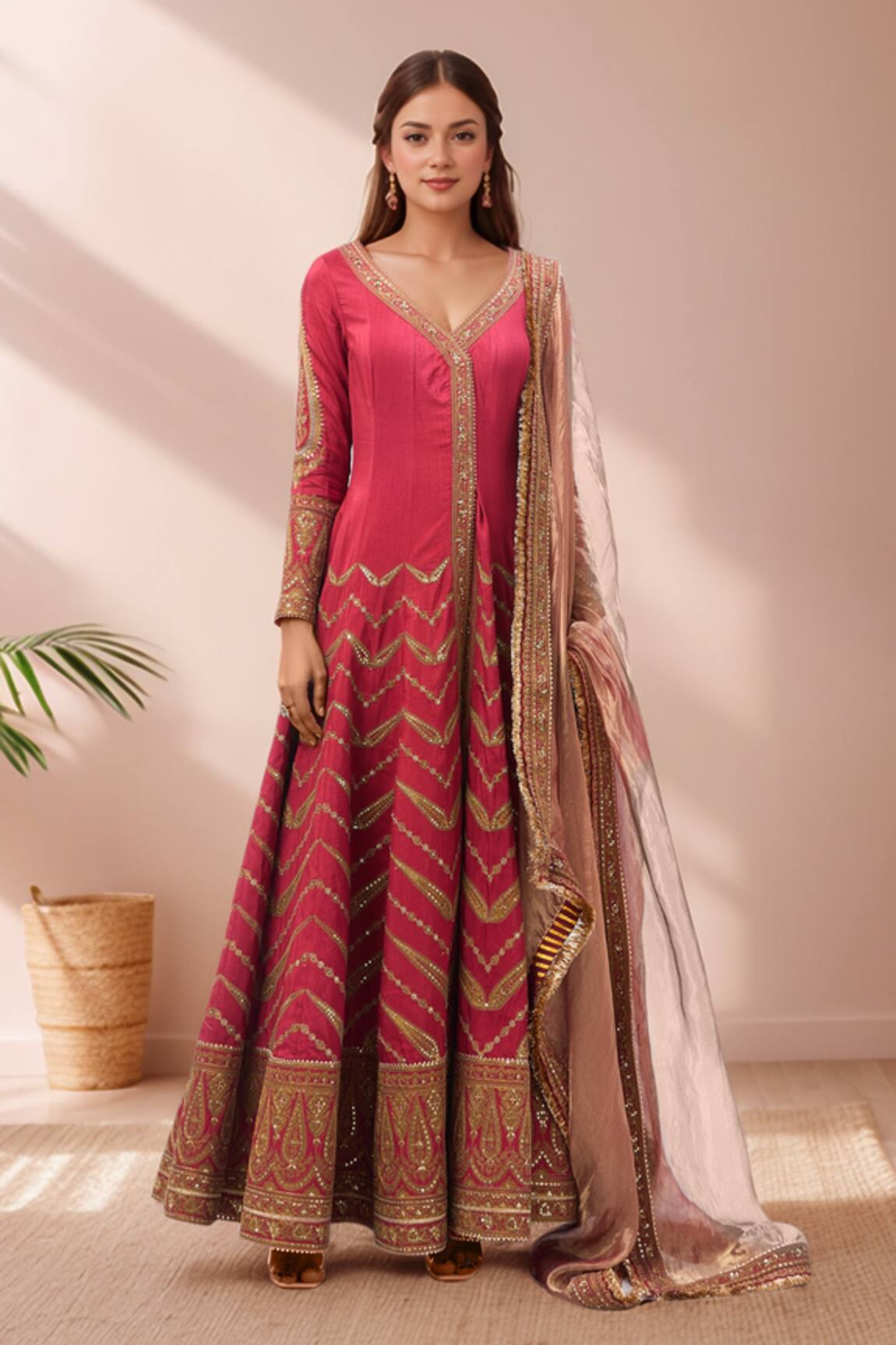 Torani Red Zari Thread Embroidered Anarkali Set