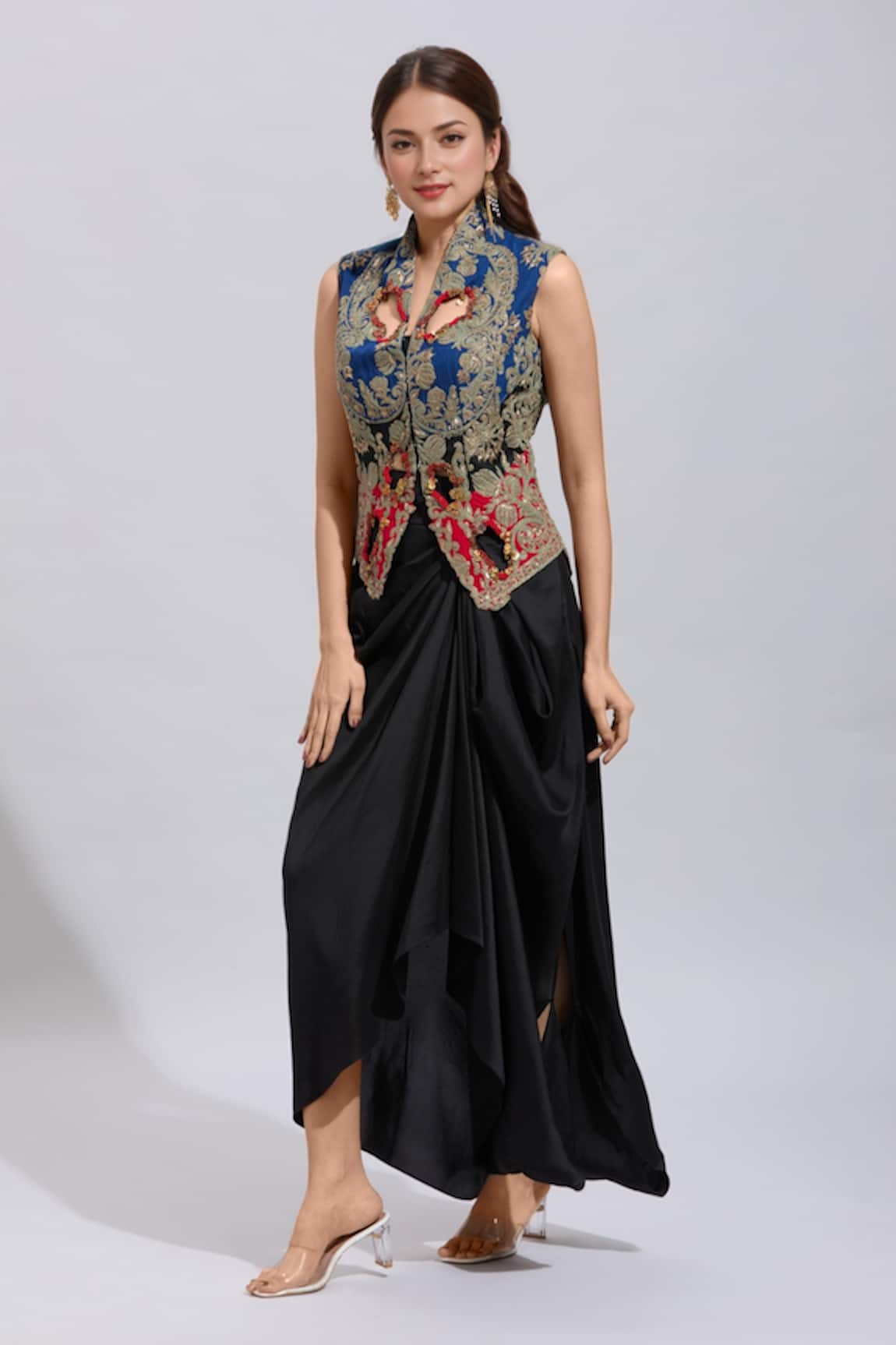 Anamika Khanna Floral Cutwork Jacket With Draped Skirt 
