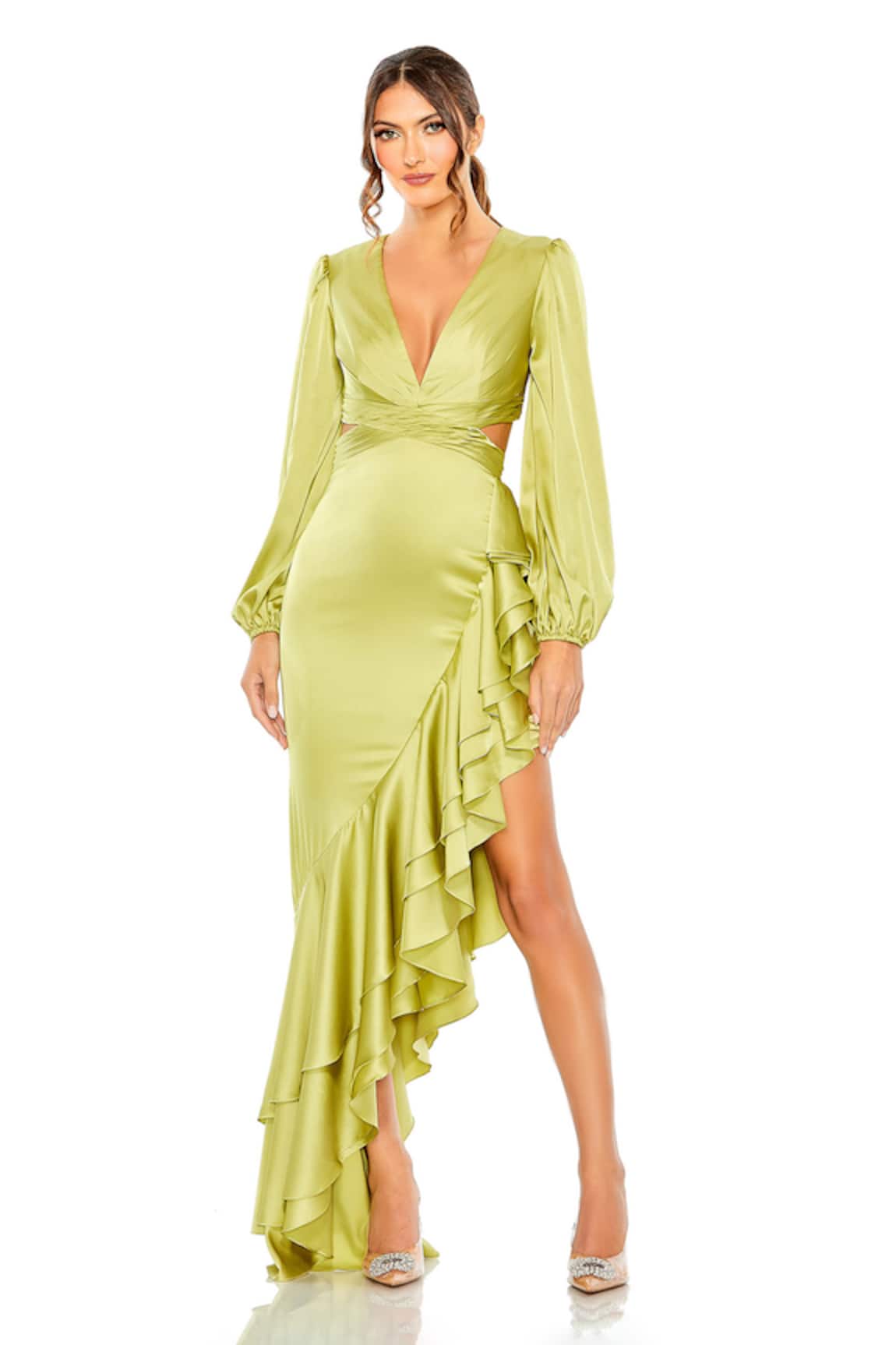 Mac Duggal Ruffled Cut-Out Asymmetric Gown 