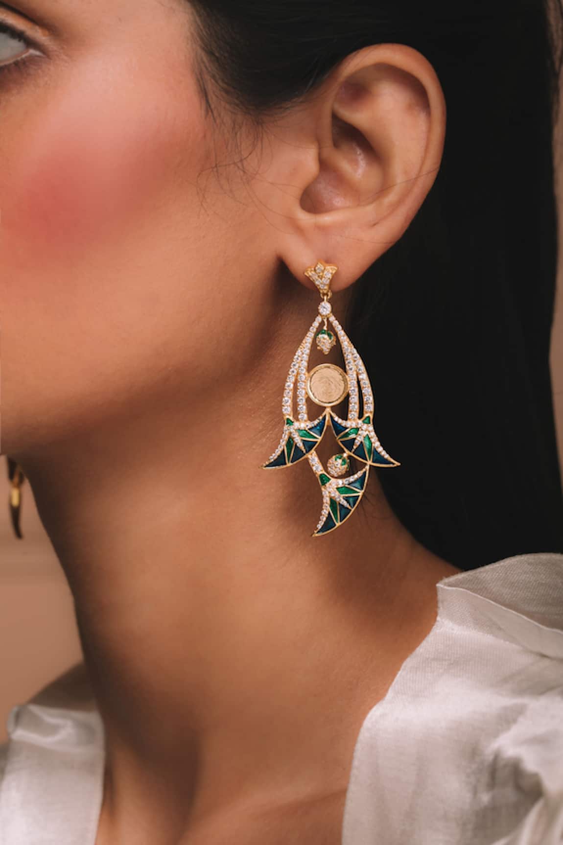 Ode Jewels Gold & Blue Enamel Leaflet Design Danglers 
