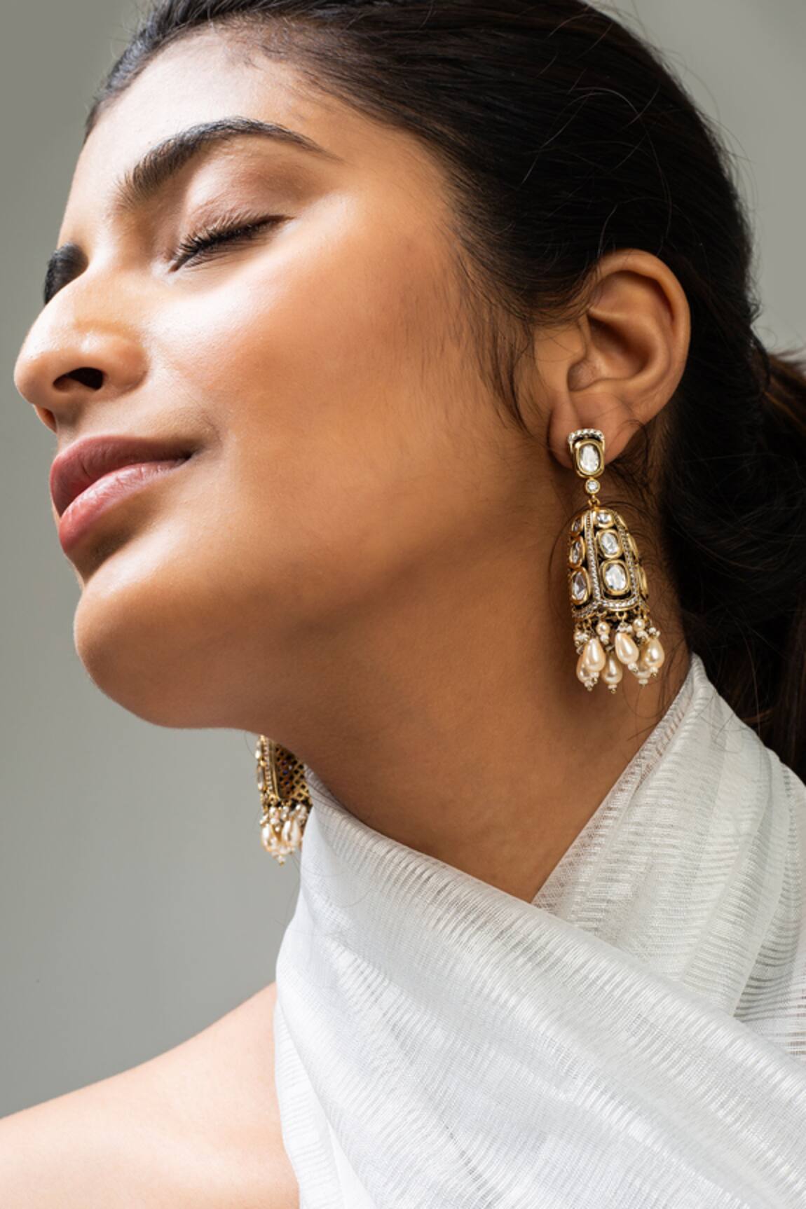 Zevar King Pearl Stone Studded Scallop Jhumkas