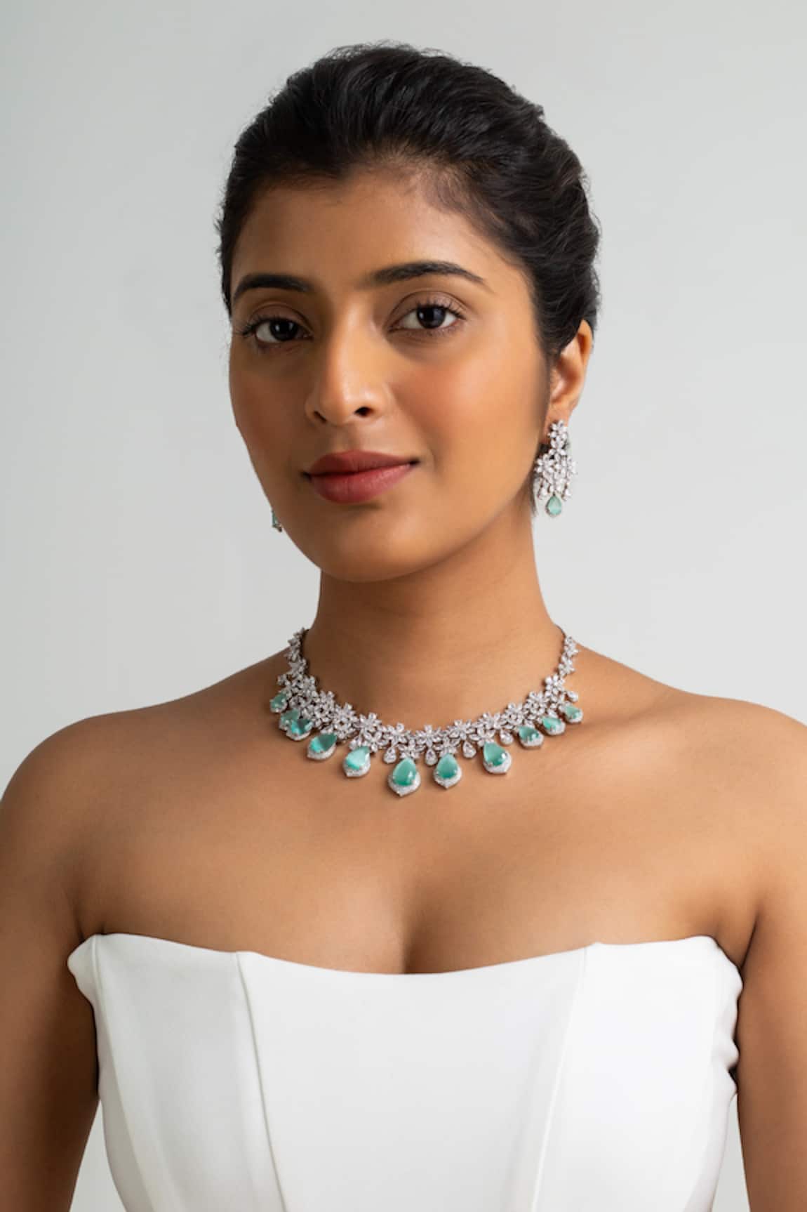 Zevar King Mint Green Stone Embellished Necklace Set 