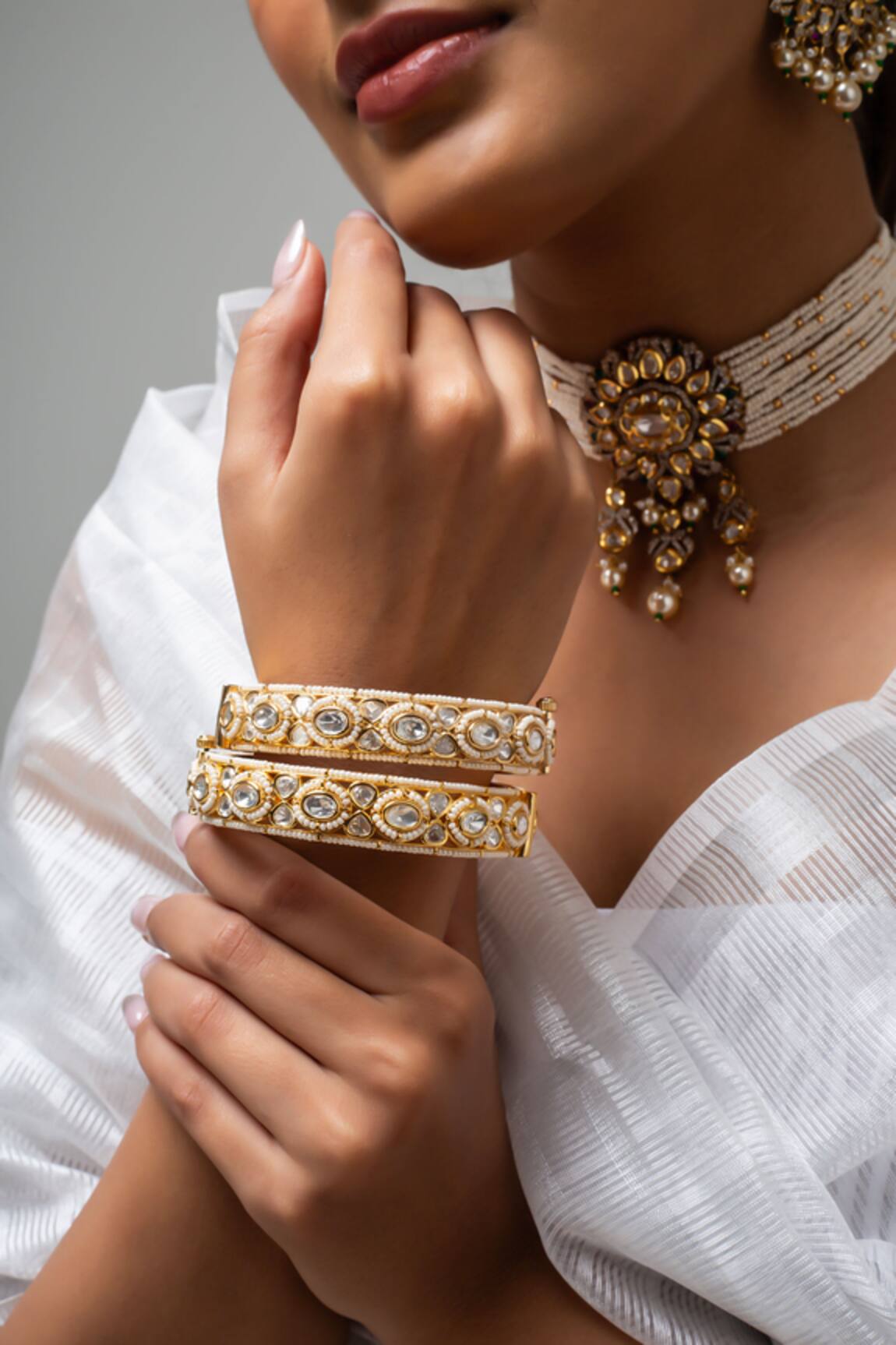 Zevar King Gold Pearl Stone Embellished Bangle 