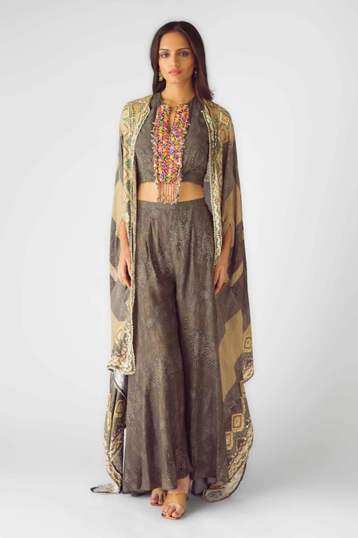 Basanti - Kapde Aur Koffee Beige Geometric Print Cape Sharara Set 