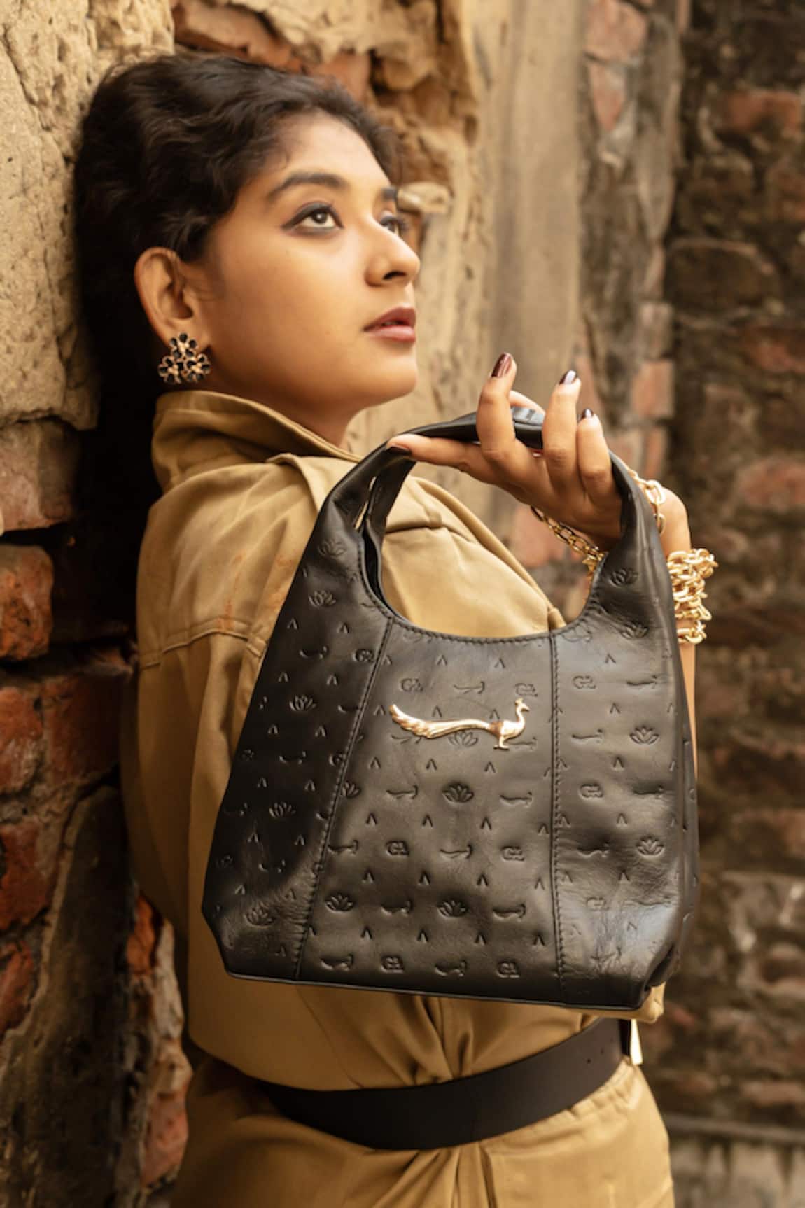 Gla Lotus Monogrammed Leather Handbag 