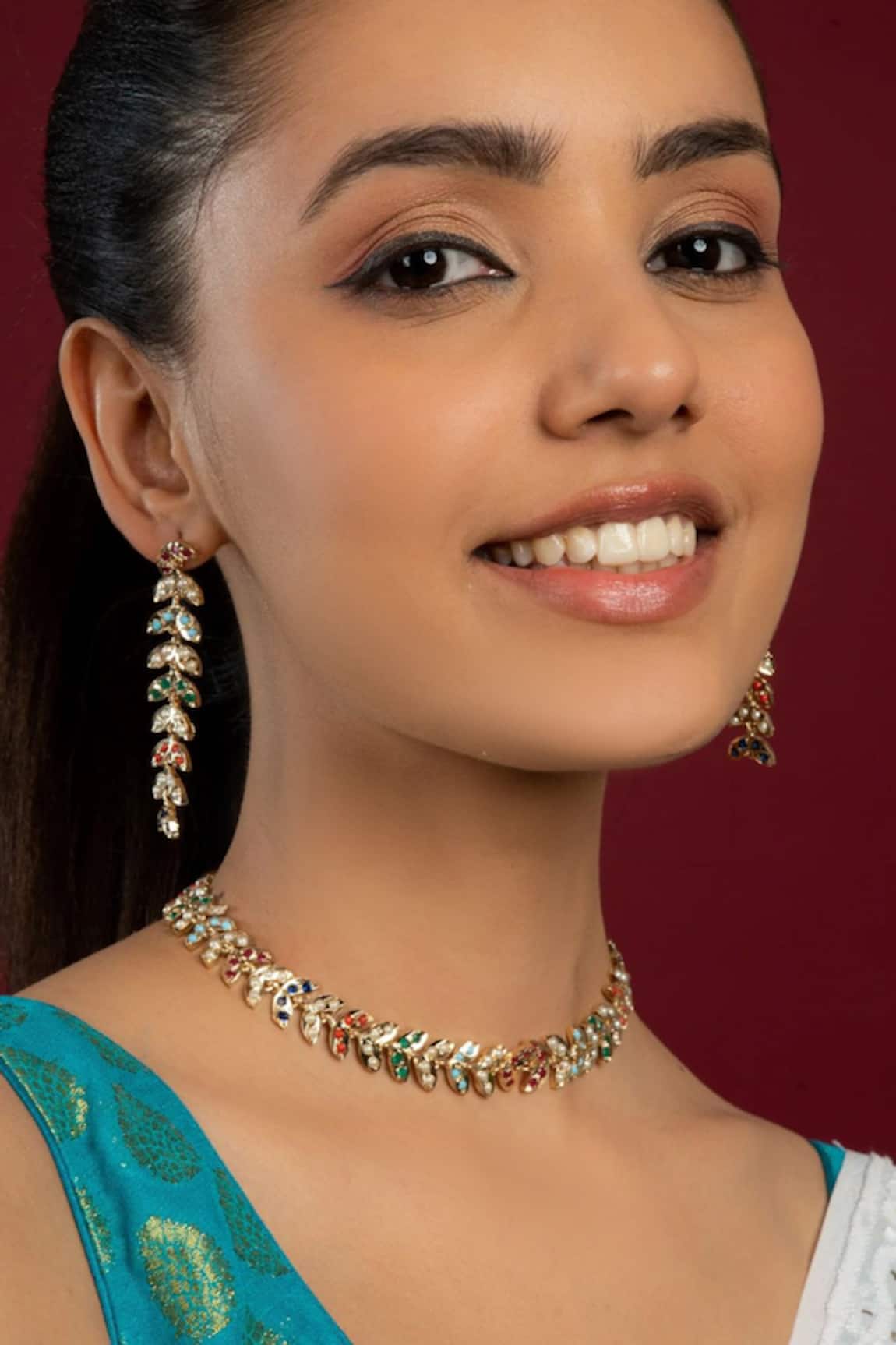 Queens Jewels Navratan Leaf Motif Choker Set 