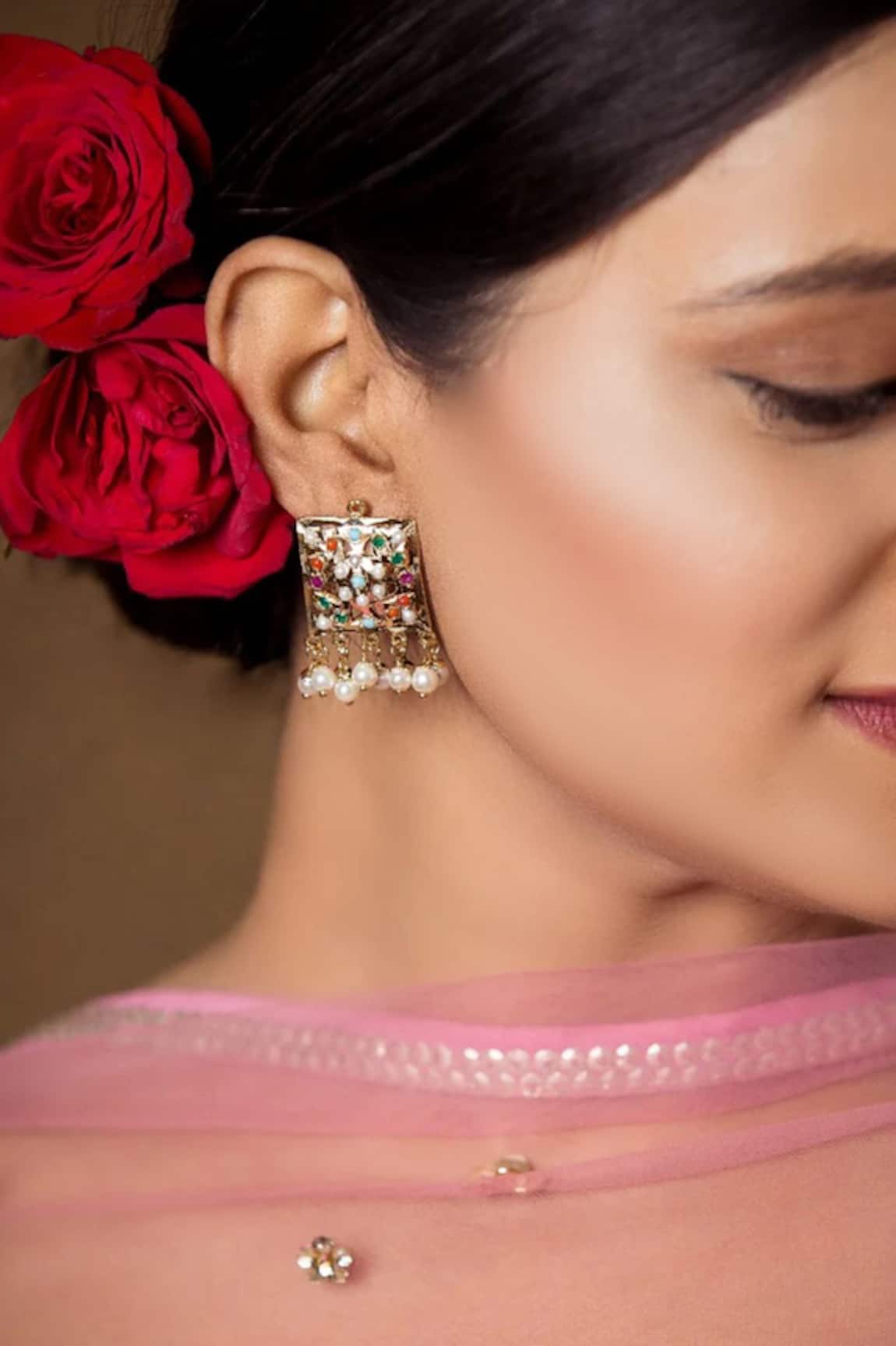 Queens Jewels Navratan Stone & Pearl Danglers 
