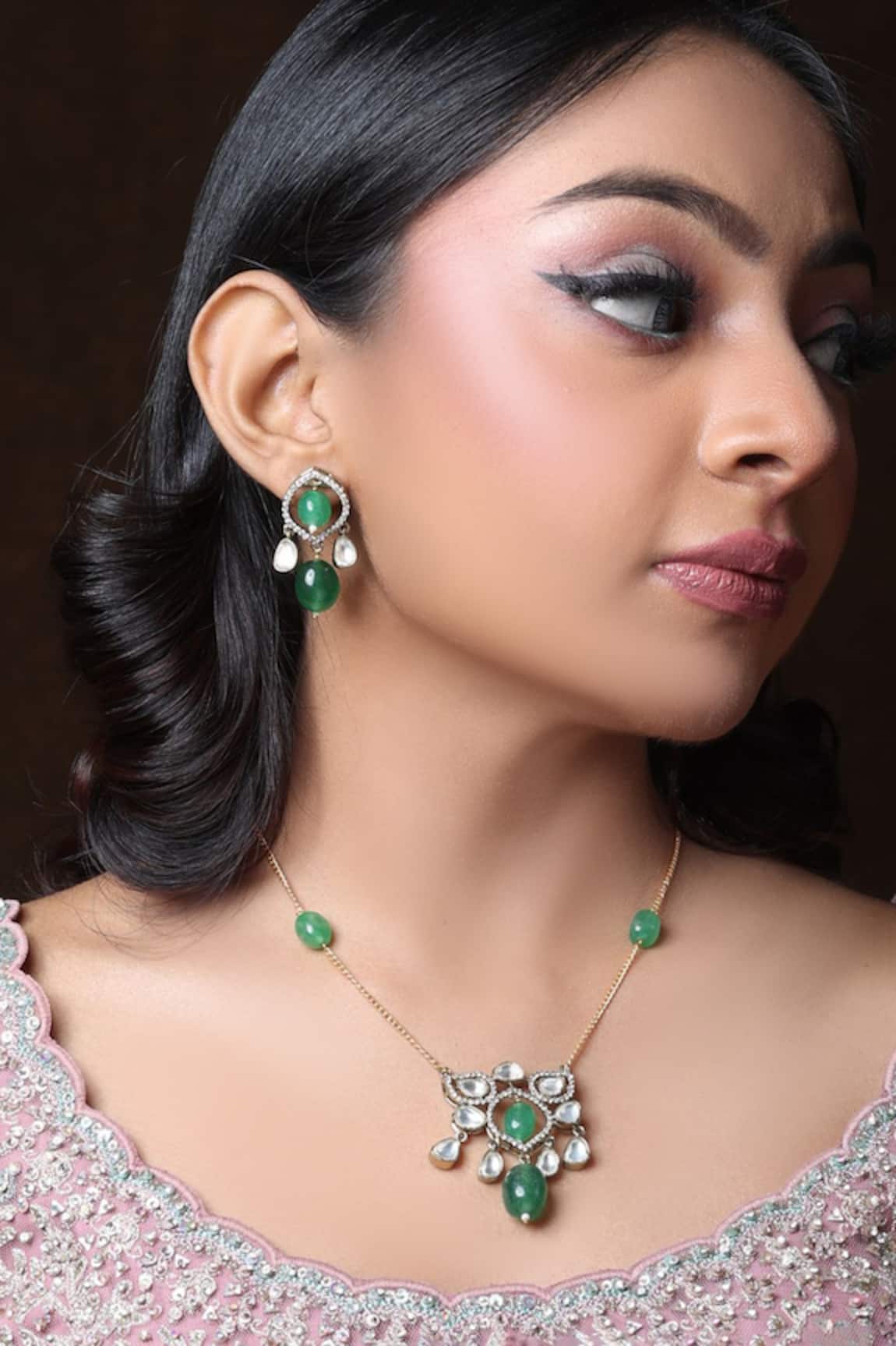 Queens Jewels Green Bead & Stone Pendant Necklace Set 