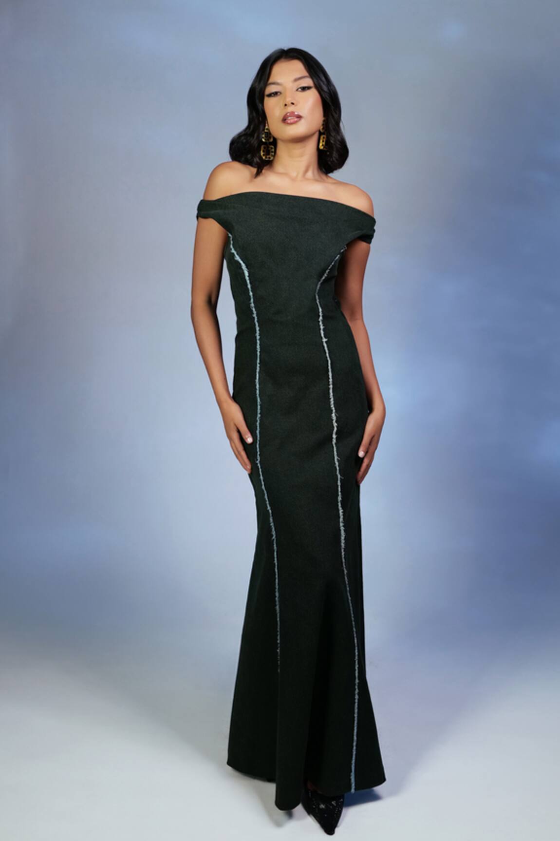 Pocket Stories Bottle Green Off Shoulder Embroidered Dress