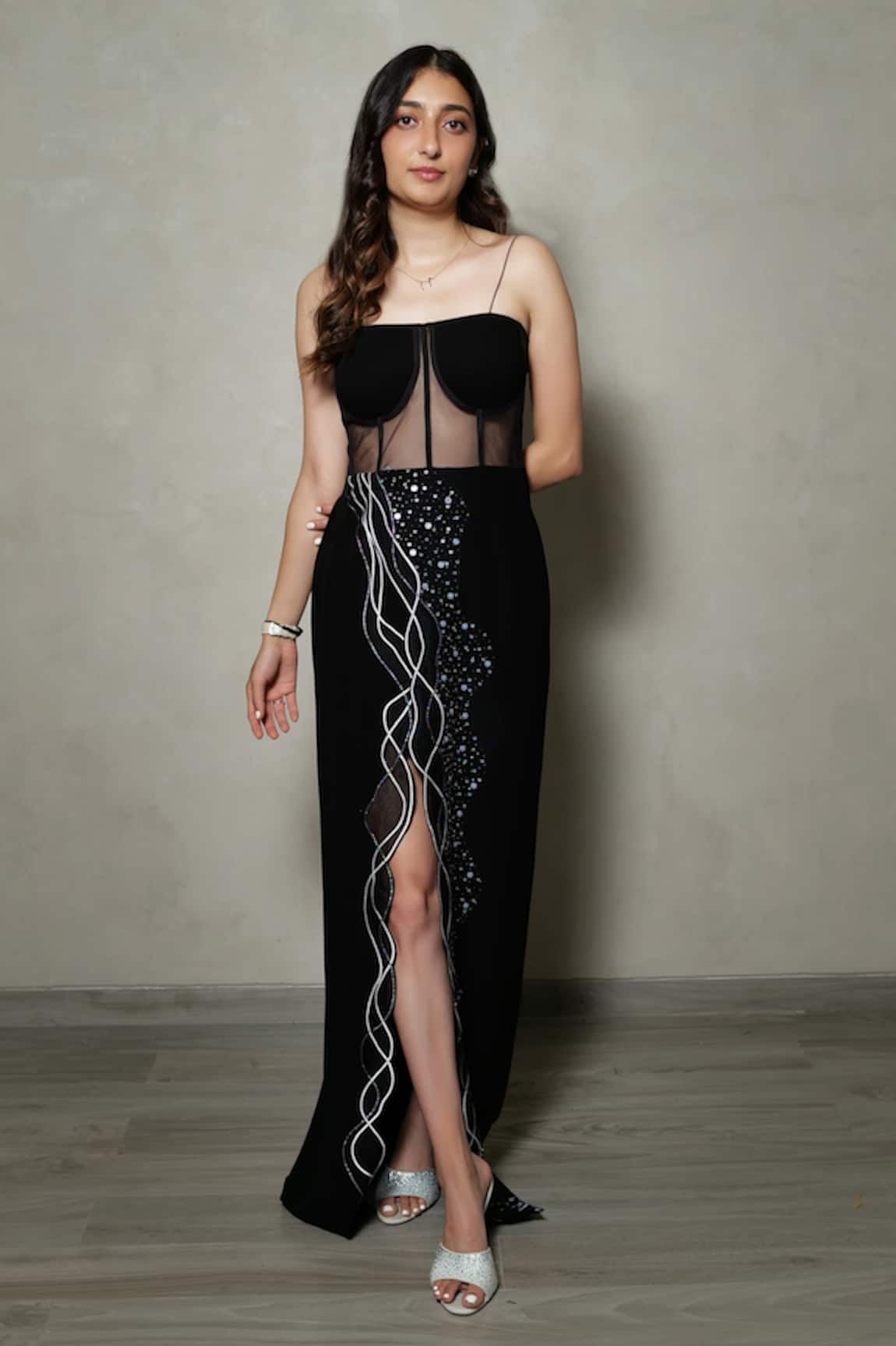 Pocket Stories Black Placement Embroidered Corset Gown