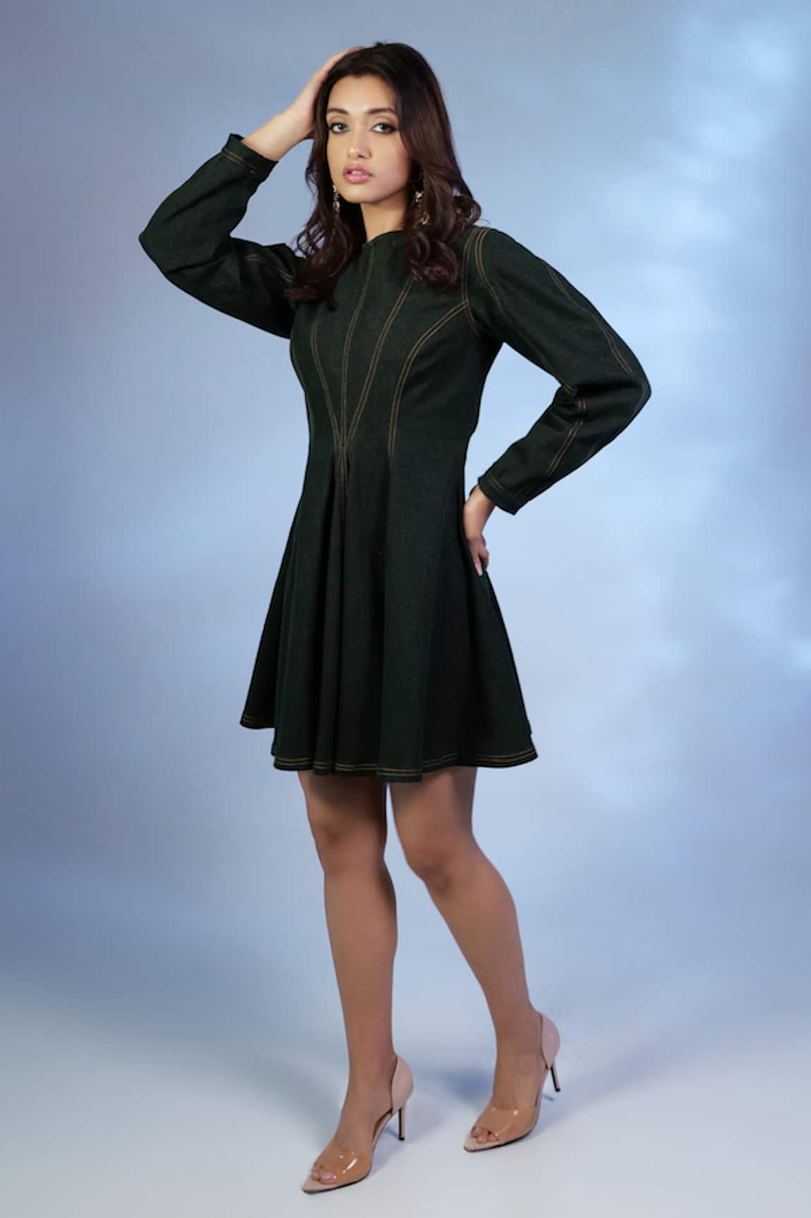 Pocket Stories Bottle Green Stitchline Embroidered Dress 