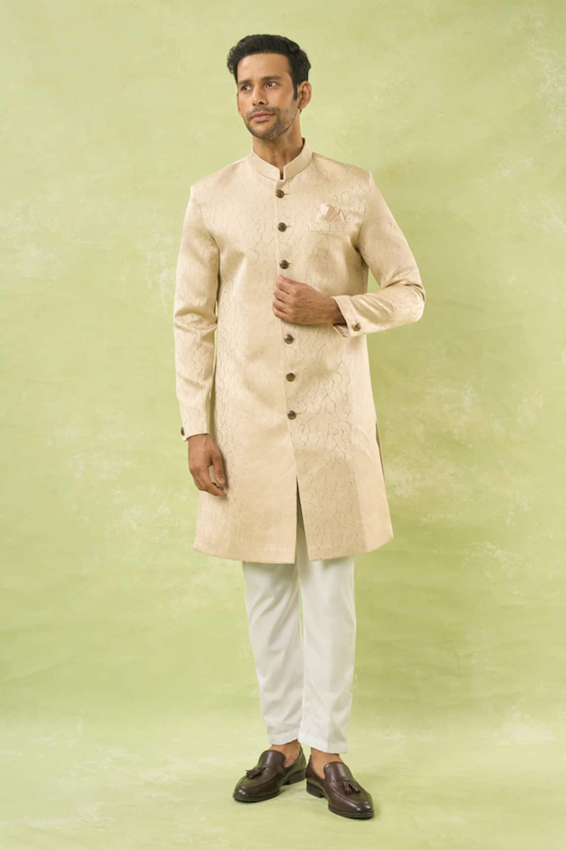 Arihant Rai Sinha Gold Woven Jacquard Sherwani & Polo Pant 