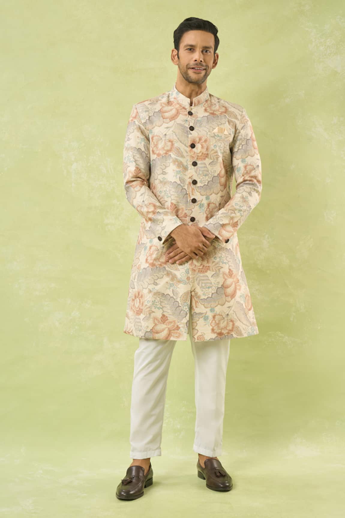 Arihant Rai Sinha Floral Leaf Pattern Sherwani With Polo Pant 