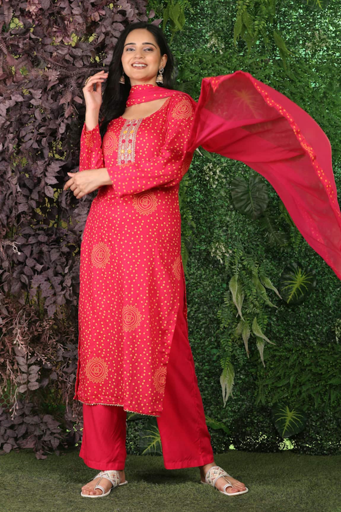 Mamicha Bandhani Print Embroidered Kurta Set 