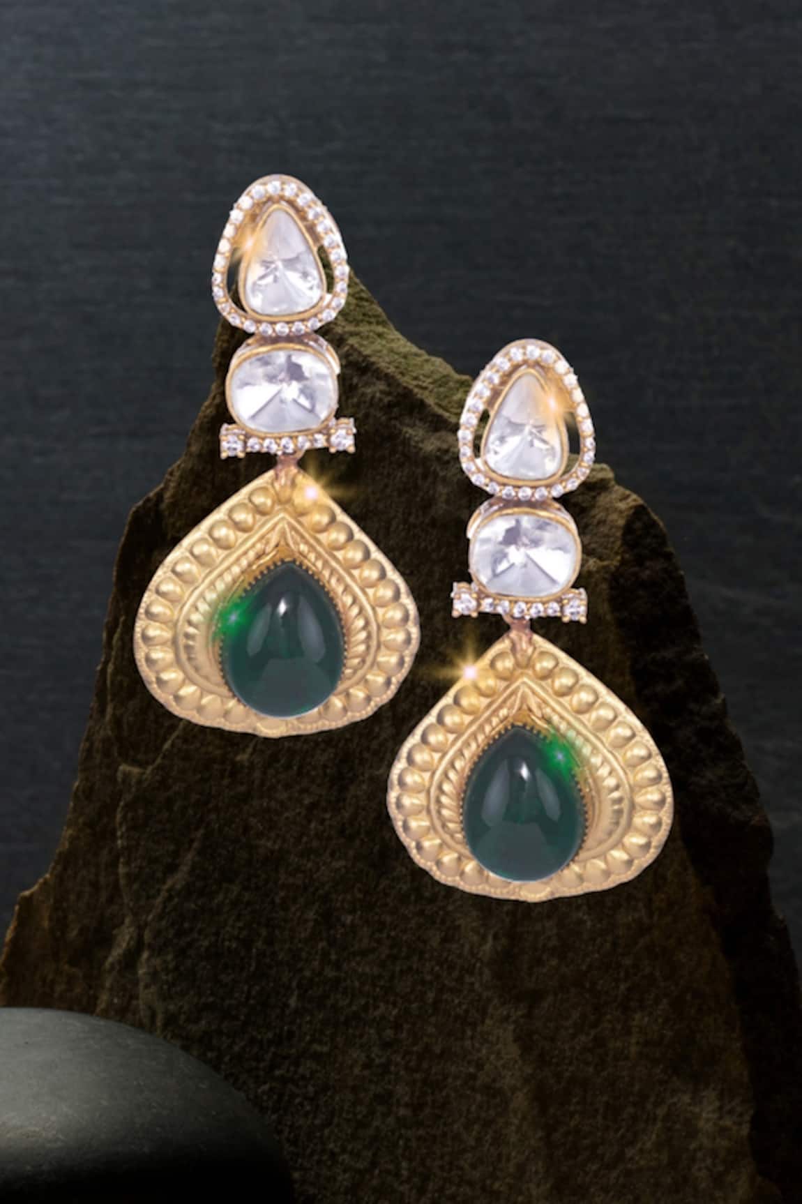 Nayaab By Sonia Gold Polki Emerald Drop Earrings 