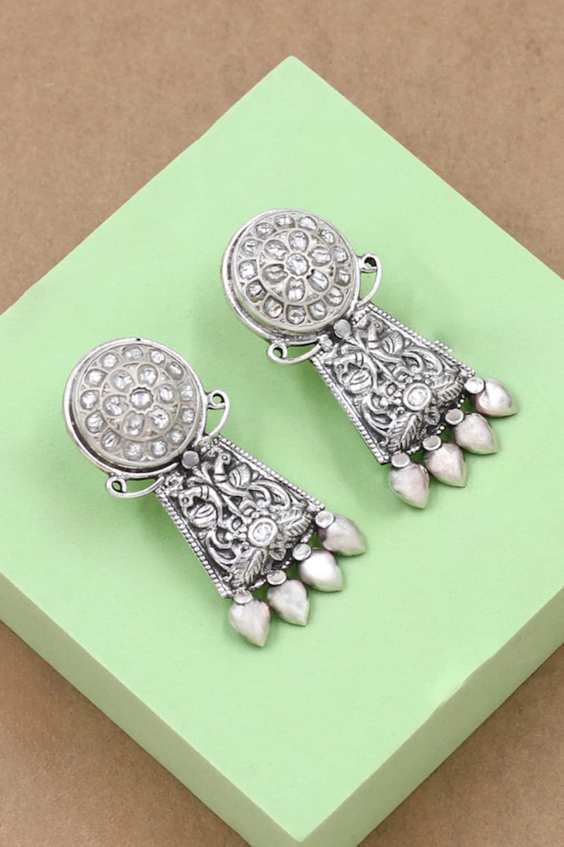 Sangeeta Boochra Geometric Kundan Silver Earrings 
