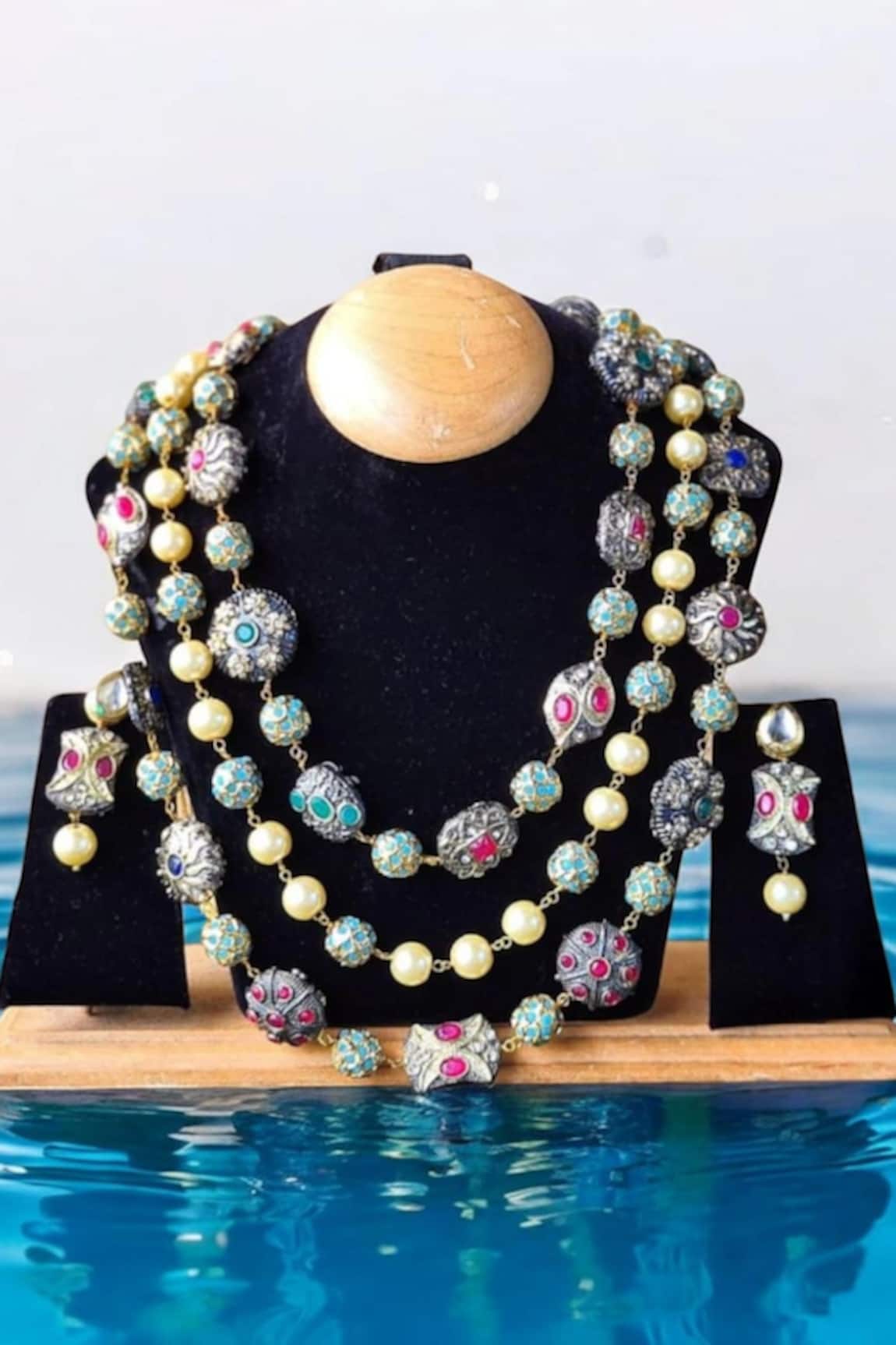 The House of Aqua Three Layered Pearl & Stone Necklace Set 