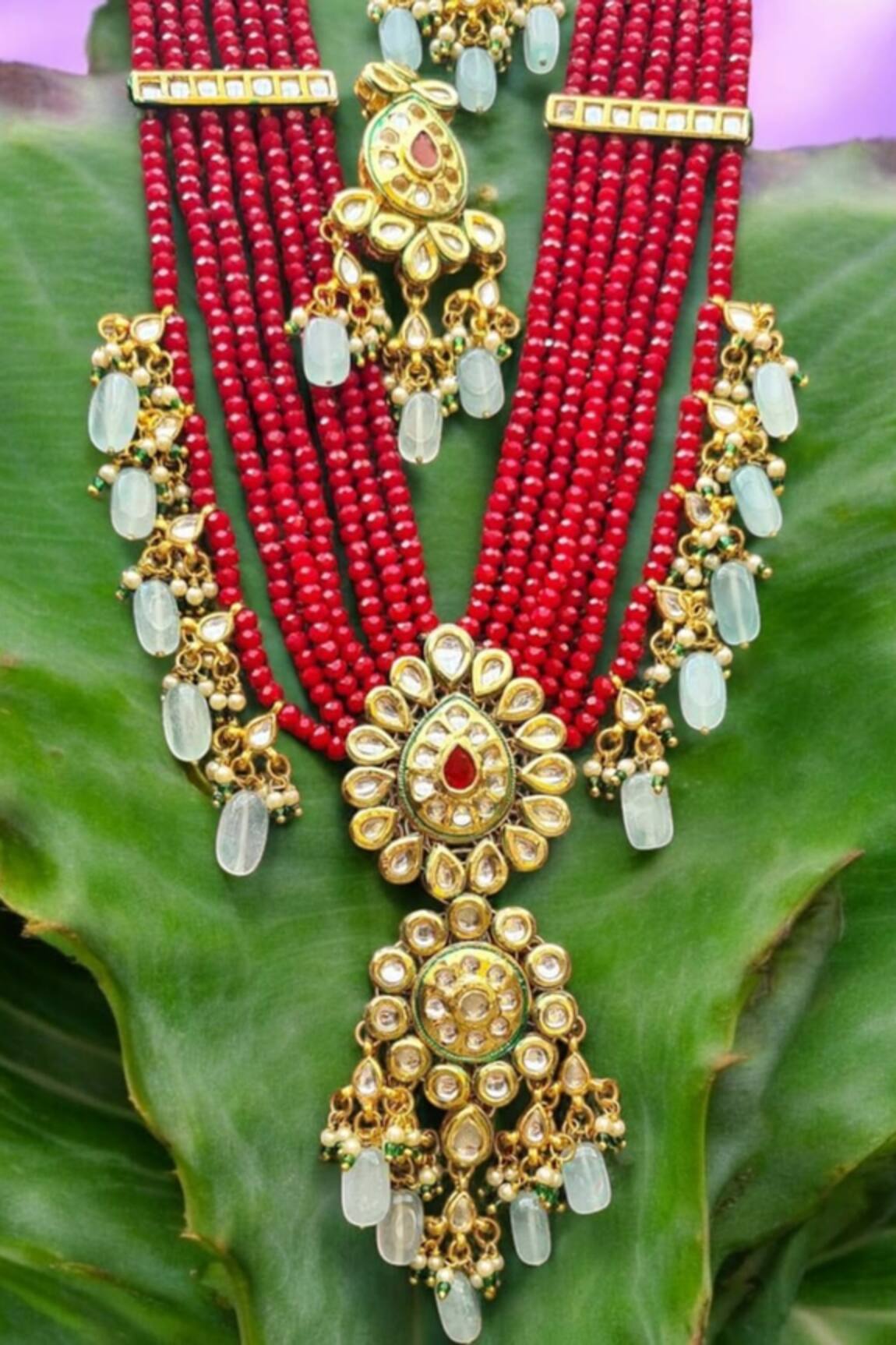 The House of Aqua Red Onyx Kundan Designer Necklace Set 