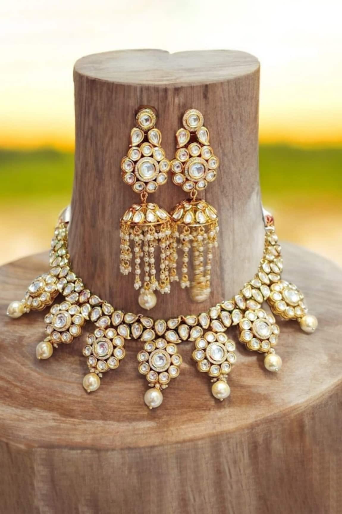 The House of Aqua Gold Kundan Bead Drop Choker & Earrings Set 