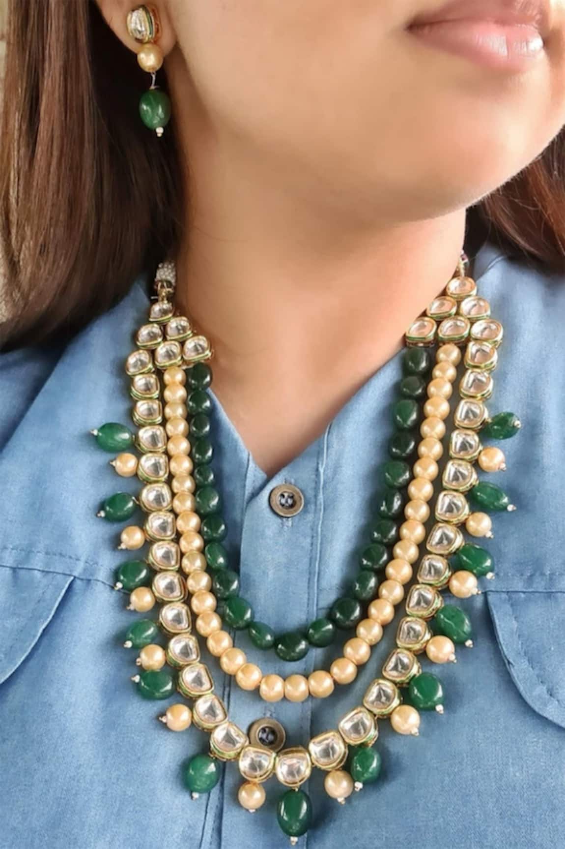 The House of Aqua Gold Polki Pearl Layered Necklace Set 