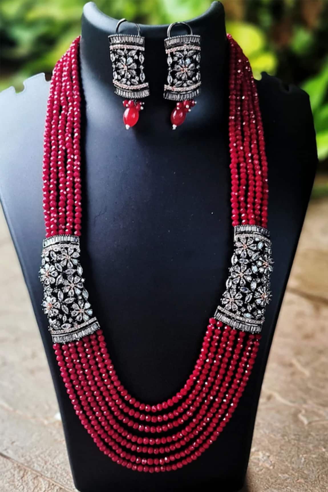 The House of Aqua Red Crystal Floral Necklace Set 