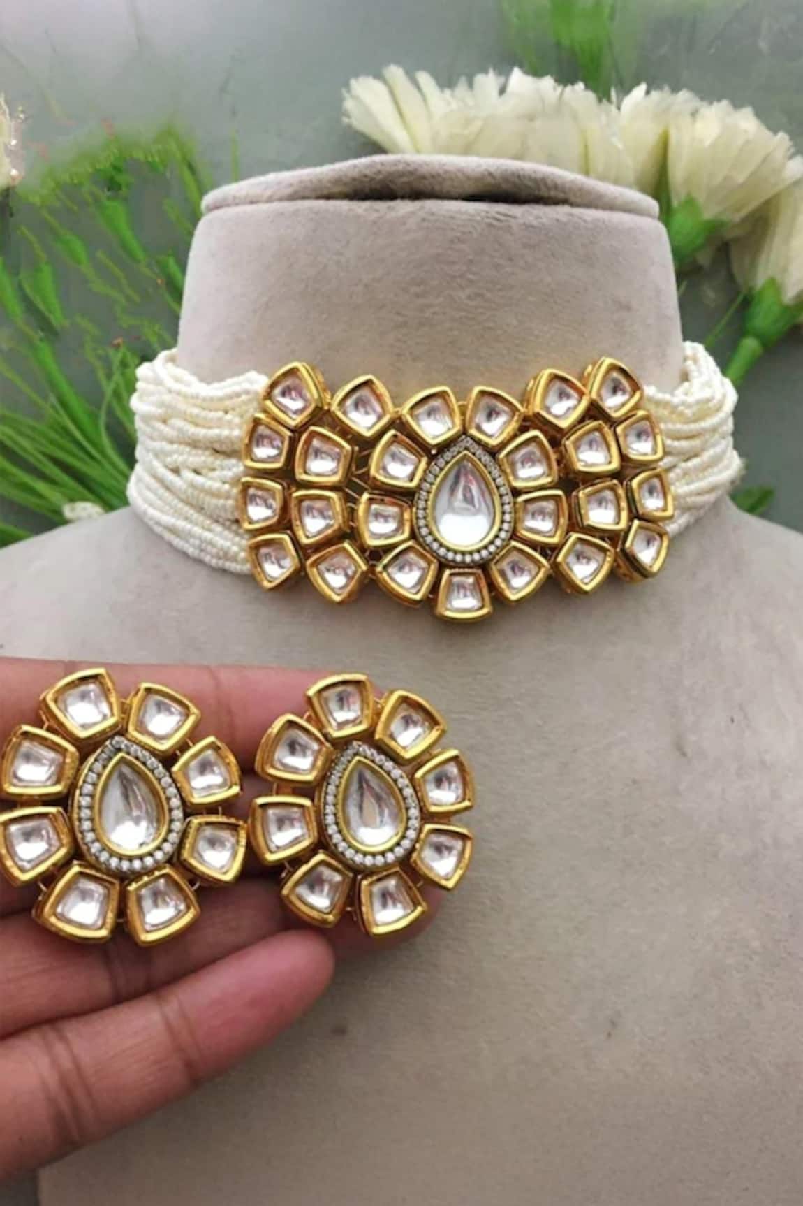 The House of Aqua Floral Kundan Bead Choker & Earring Set 
