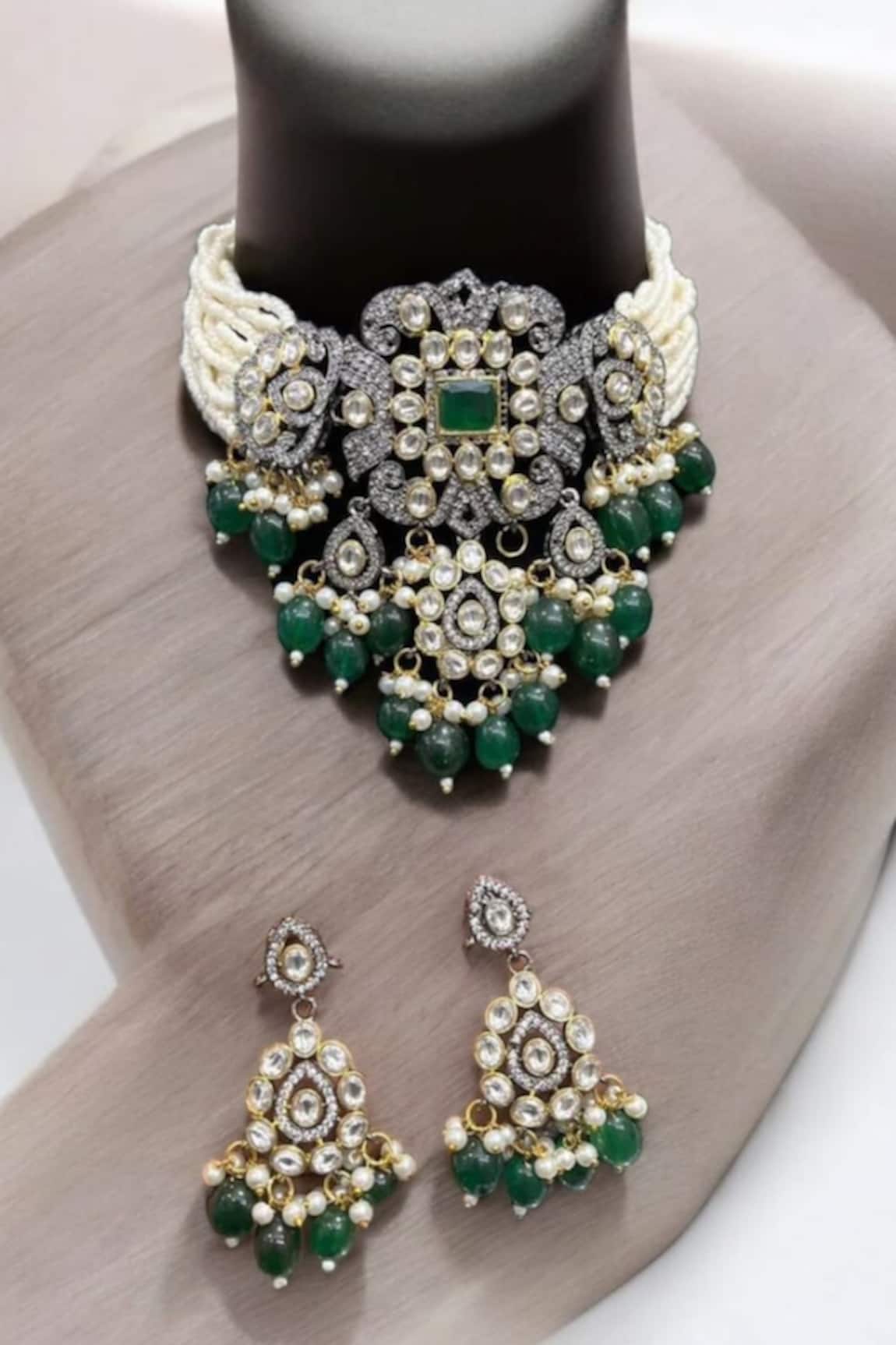 The House of Aqua Emerald & Diamond Embellished Necklace Set 