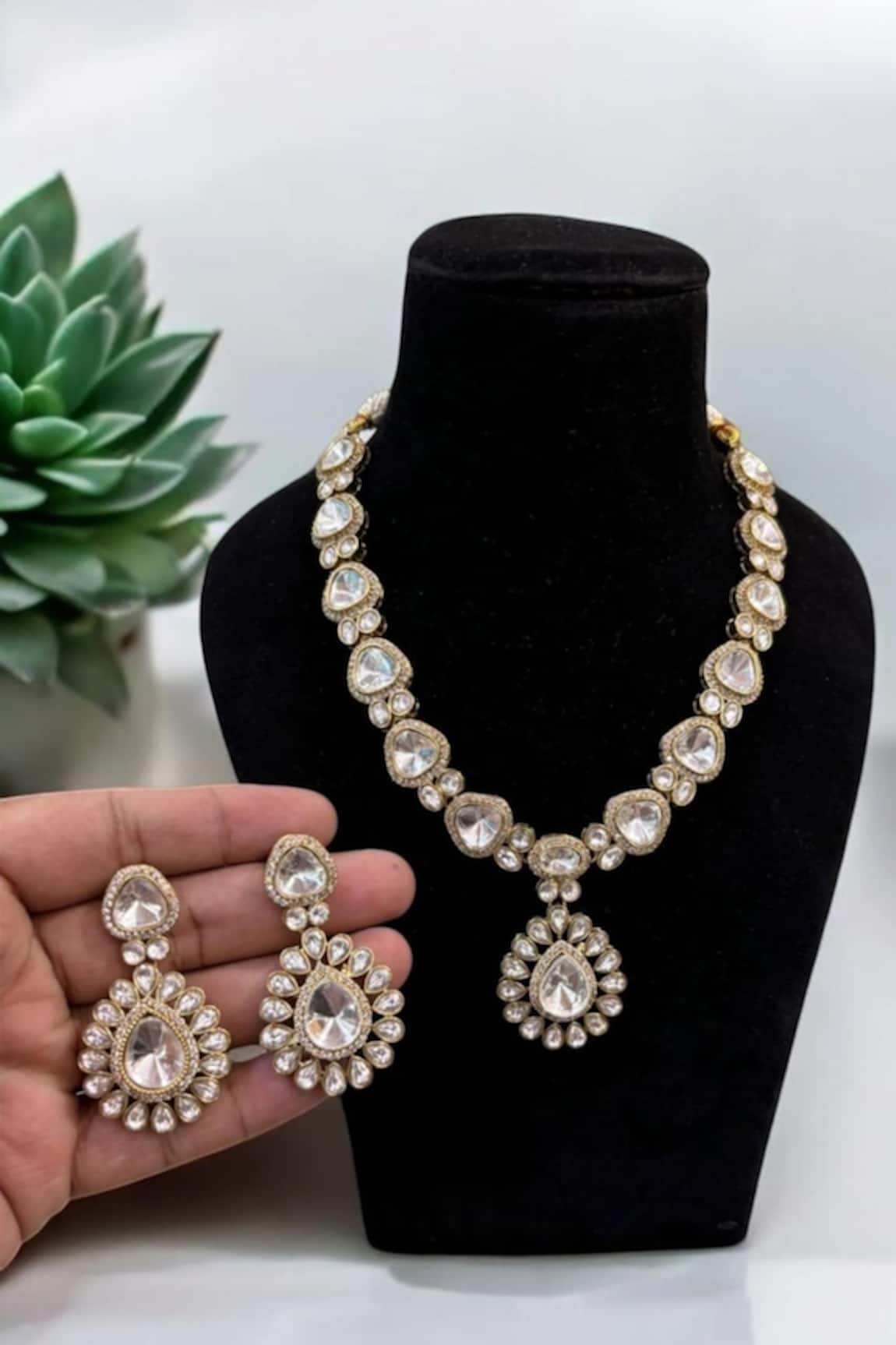 The House of Aqua Polki Jadau Stone Necklace Set 