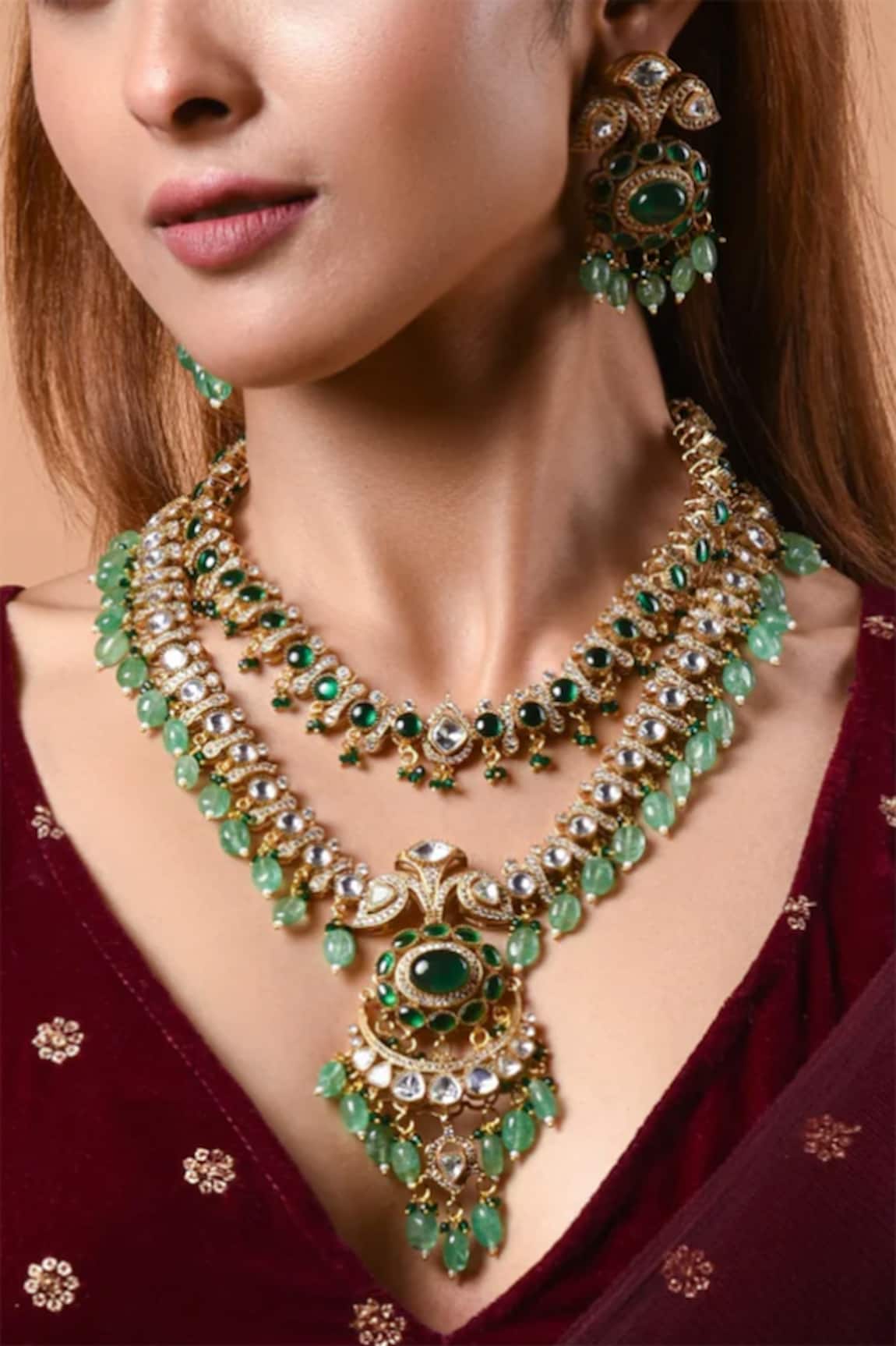 The House of Aqua Gold Moissanite & Polki Layered Necklace Set 