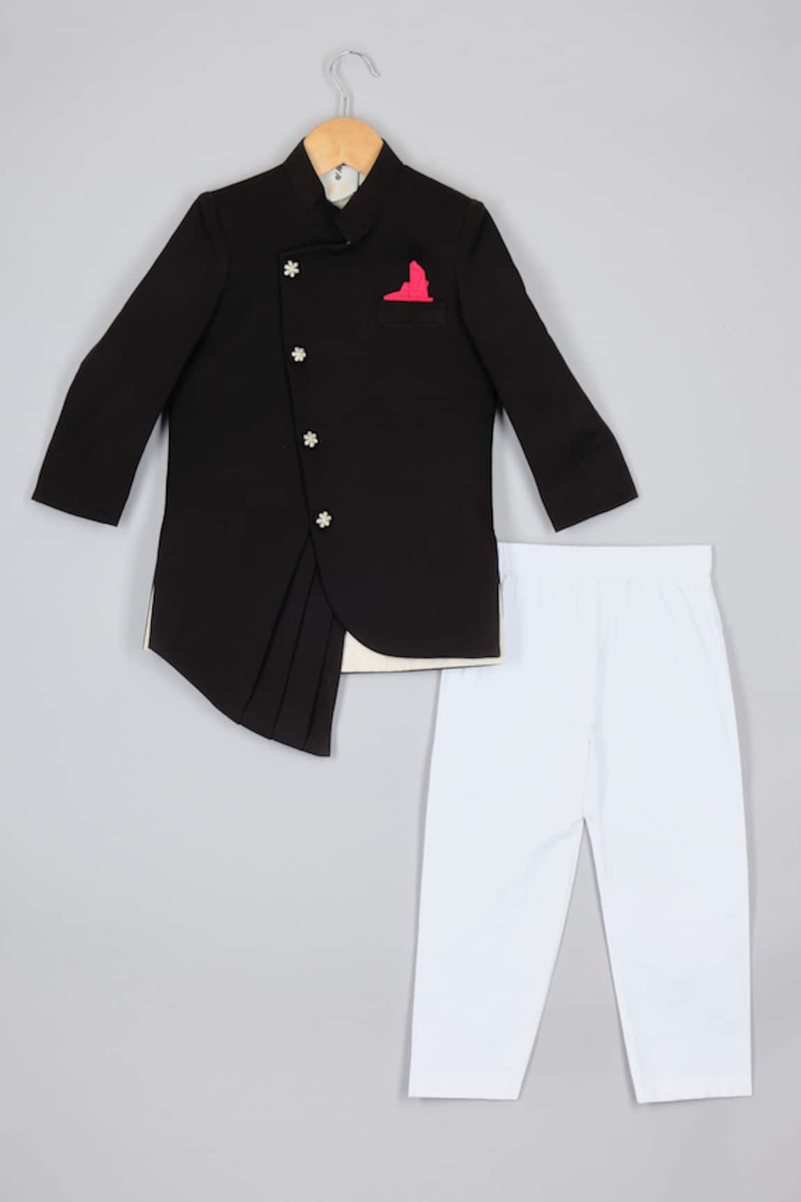 P & S Co Black Asymmetric Pleated Hem Sherwani & Pyjama 