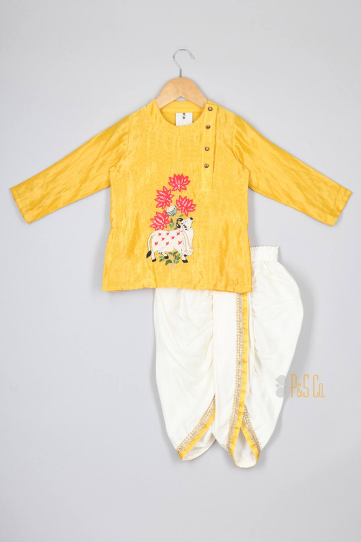 P & S CO Yellow Cow Embroidered Kurta & Dhoti Set