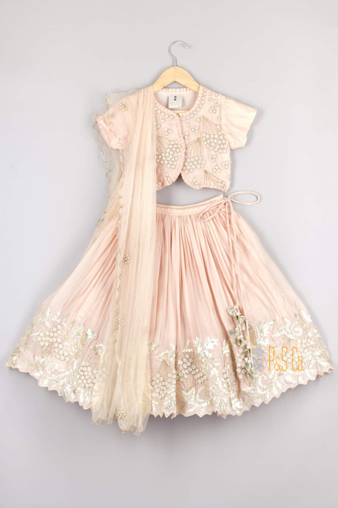 P & S CO Peach Zari & Moti Embroidered Lehenga Set