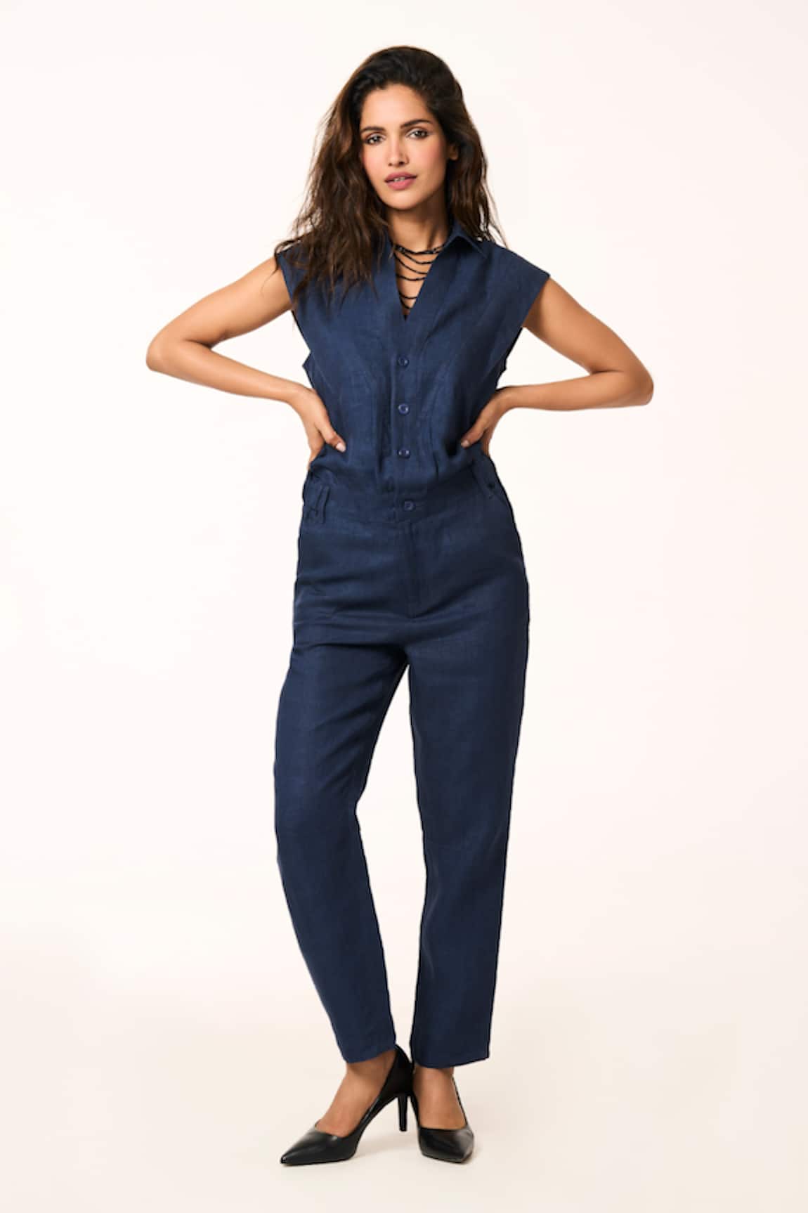 Terra Luna Navy Blue Linen Solid Jumpsuit