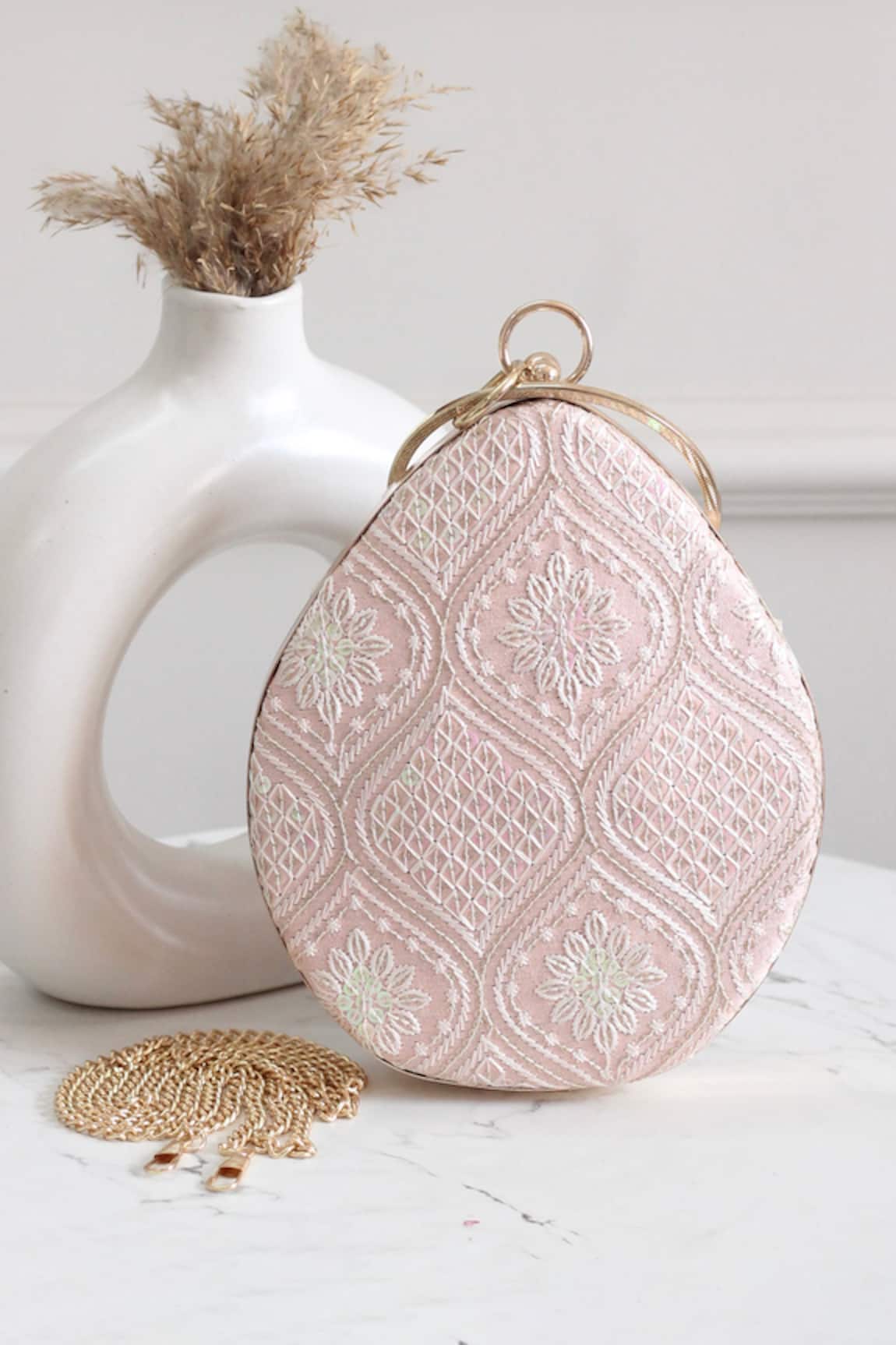 Boxwish By Bhumika Peach Chikankari Embroidered Clutch