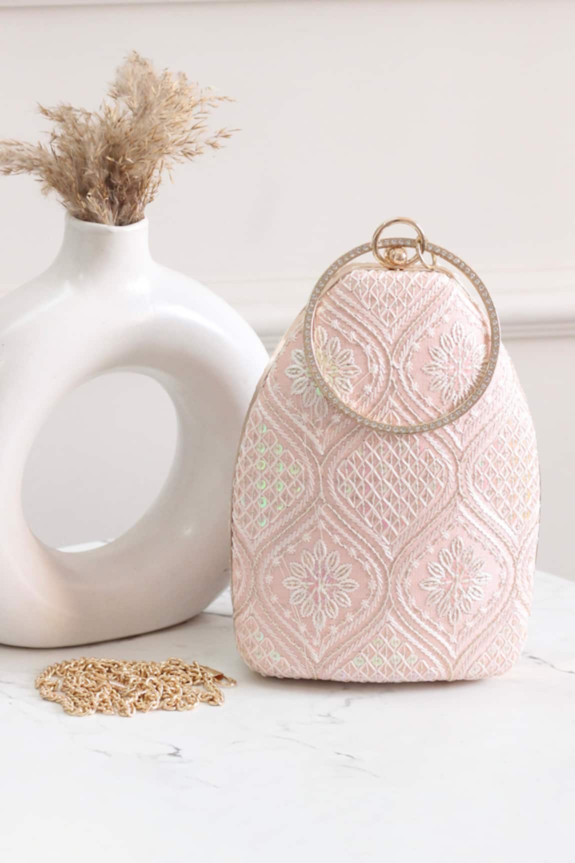 Boxwish By Bhumika Peach Chikankari Thread Embroidered Clutch 