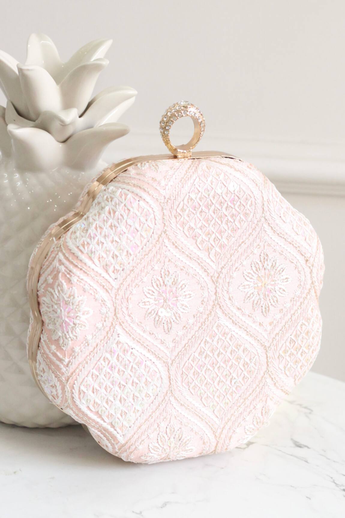 Boxwish By Bhumika Peach Chikankari Thread Embroidered Clutch 